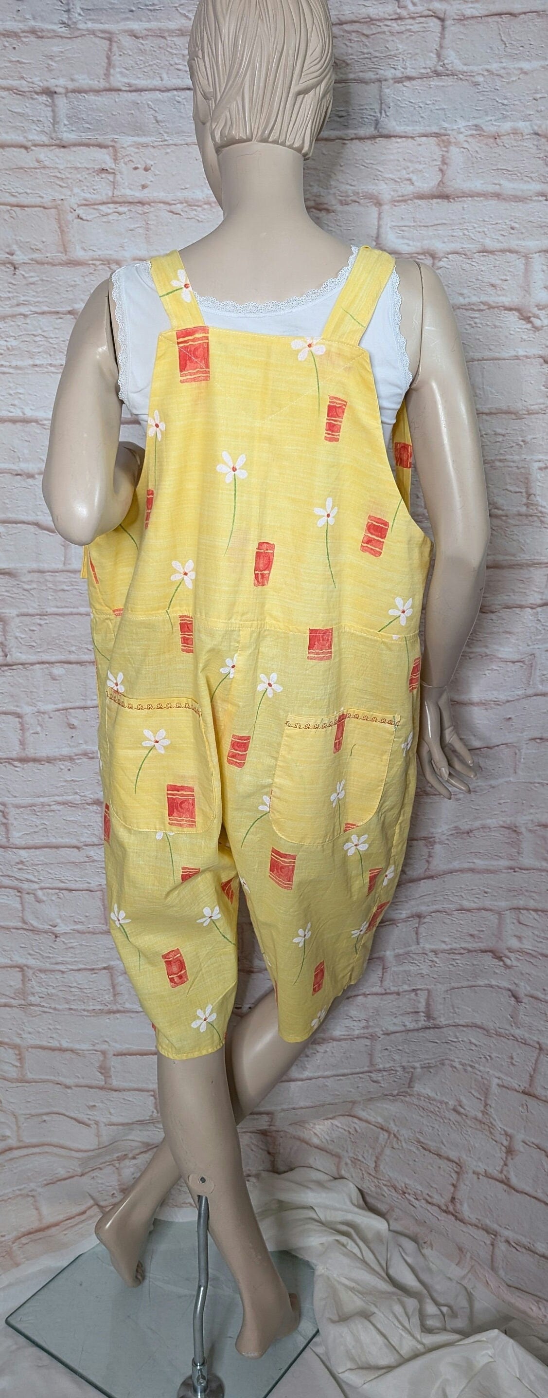 dungarees size 16, short dungarees, yellow and red floral dungarees