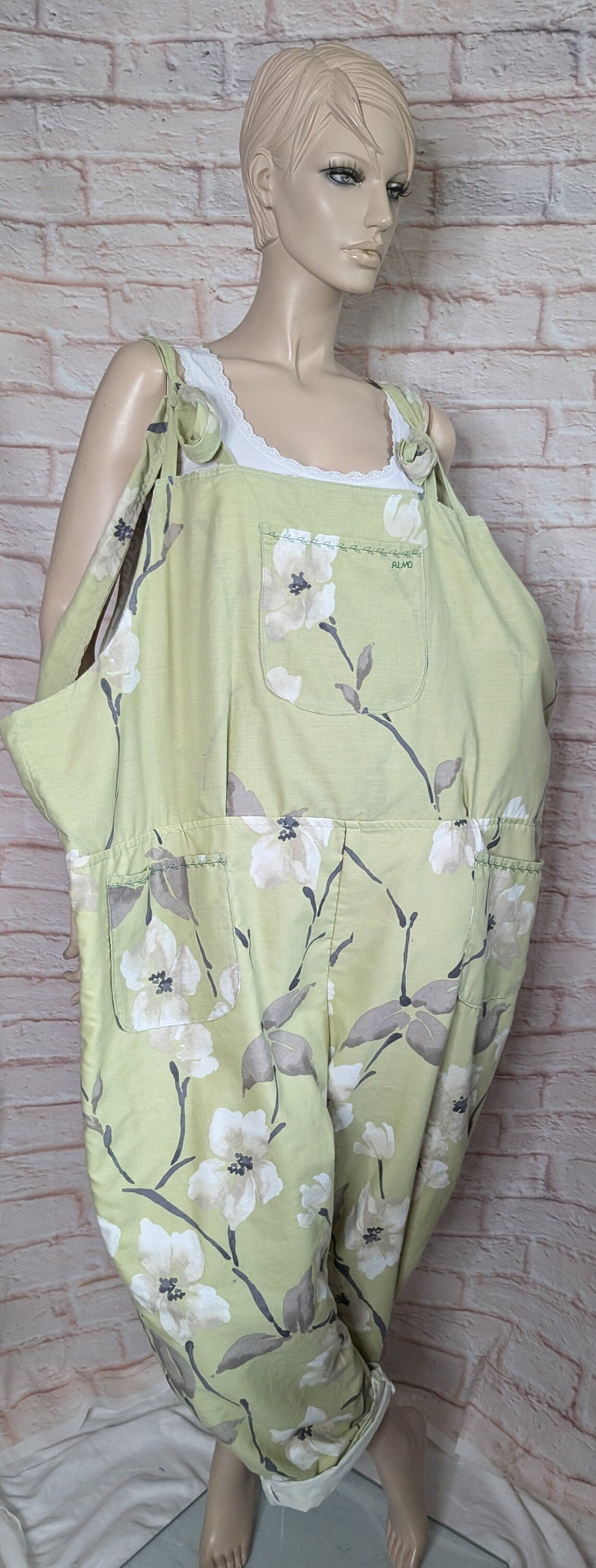 dungarees size 24, green blossom floral dungarees, plus size dungarees