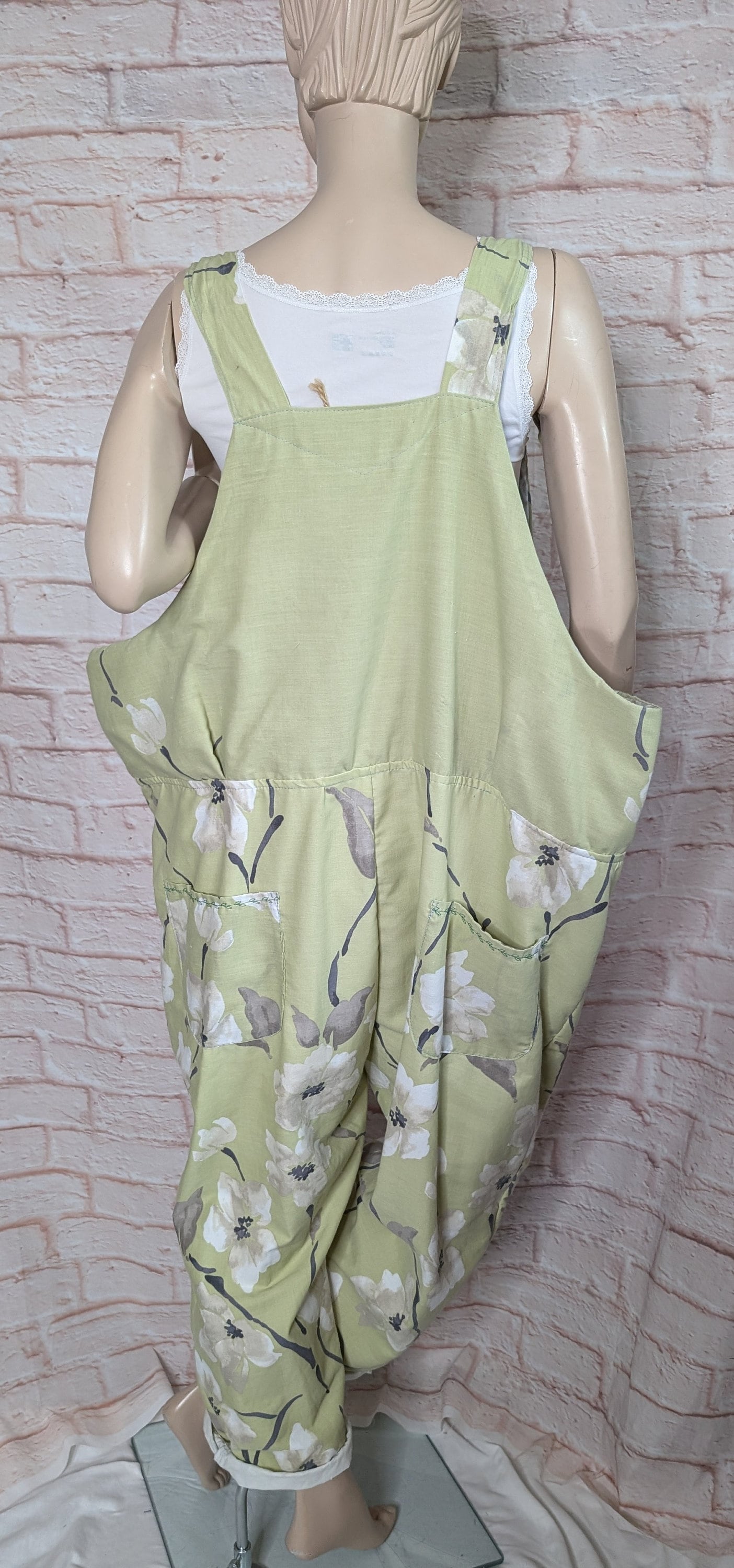 dungarees size 24, green blossom floral dungarees, plus size dungarees