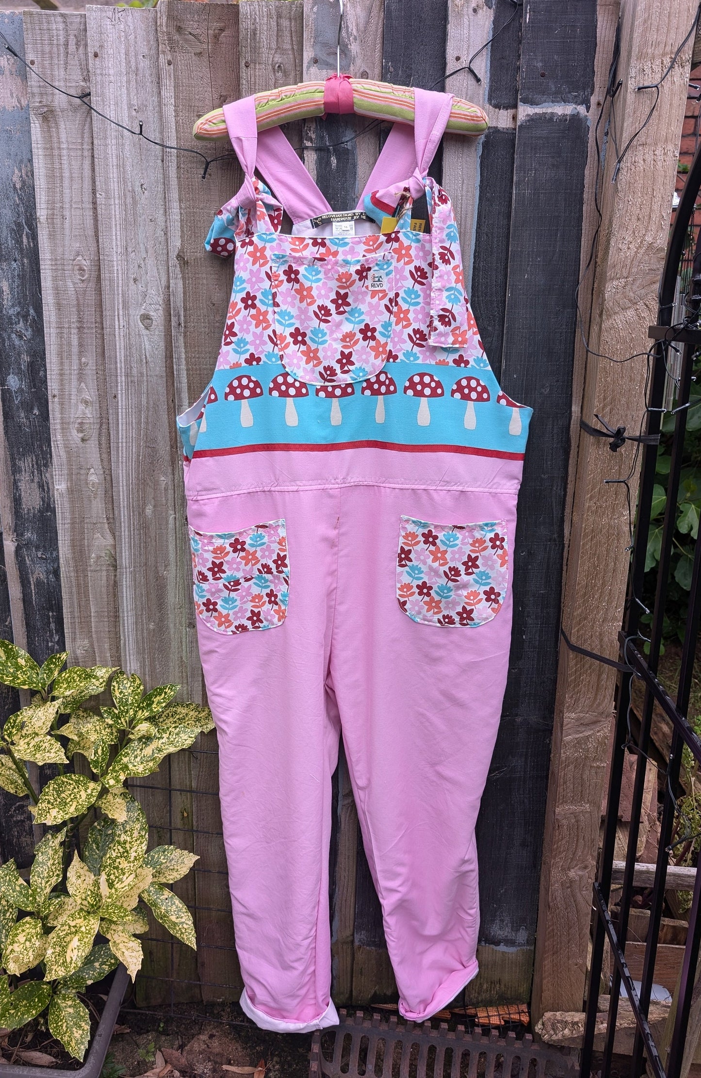 Dungarees size 16-18/XL, mushroom print, Baggy fit dungarees, tietop Dungarees,eco clothing, colourfull dungarees, pink Dungarees