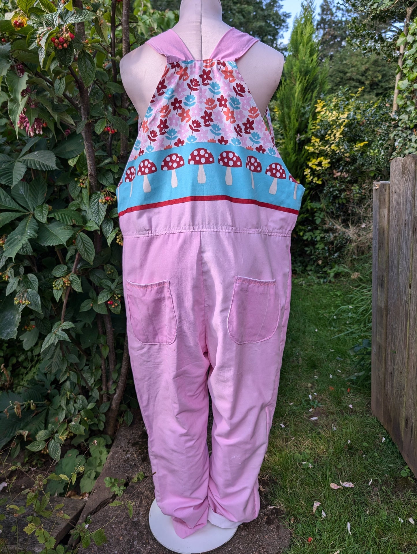 Dungarees size 16-18/XL, mushroom print, Baggy fit dungarees, tietop Dungarees,eco clothing, colourfull dungarees, pink Dungarees