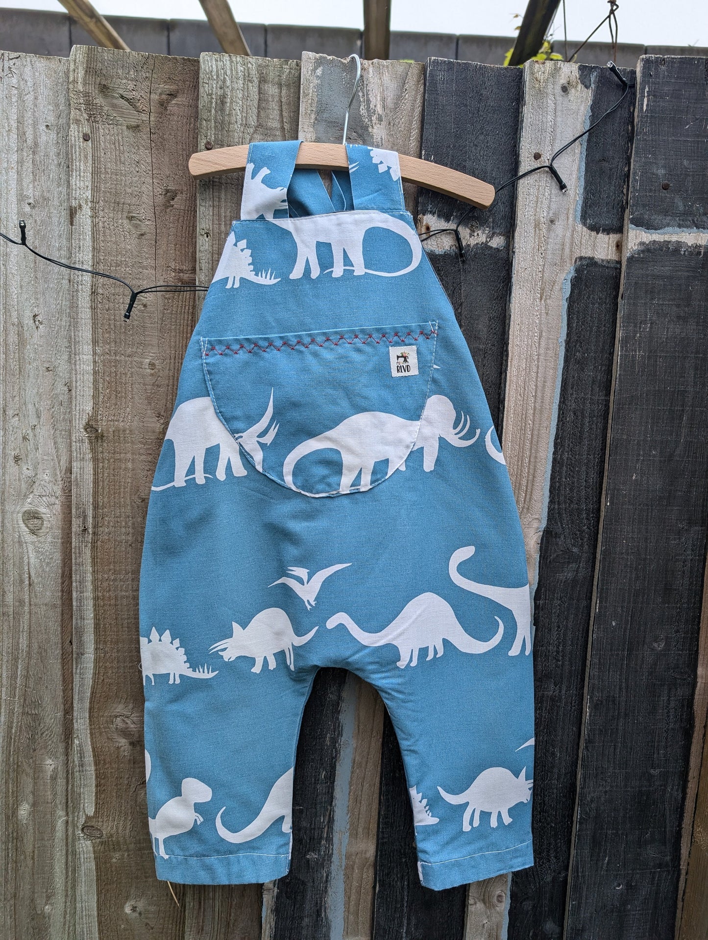 Child Dungarees, romper, age 12-18m dinosaur blue and white