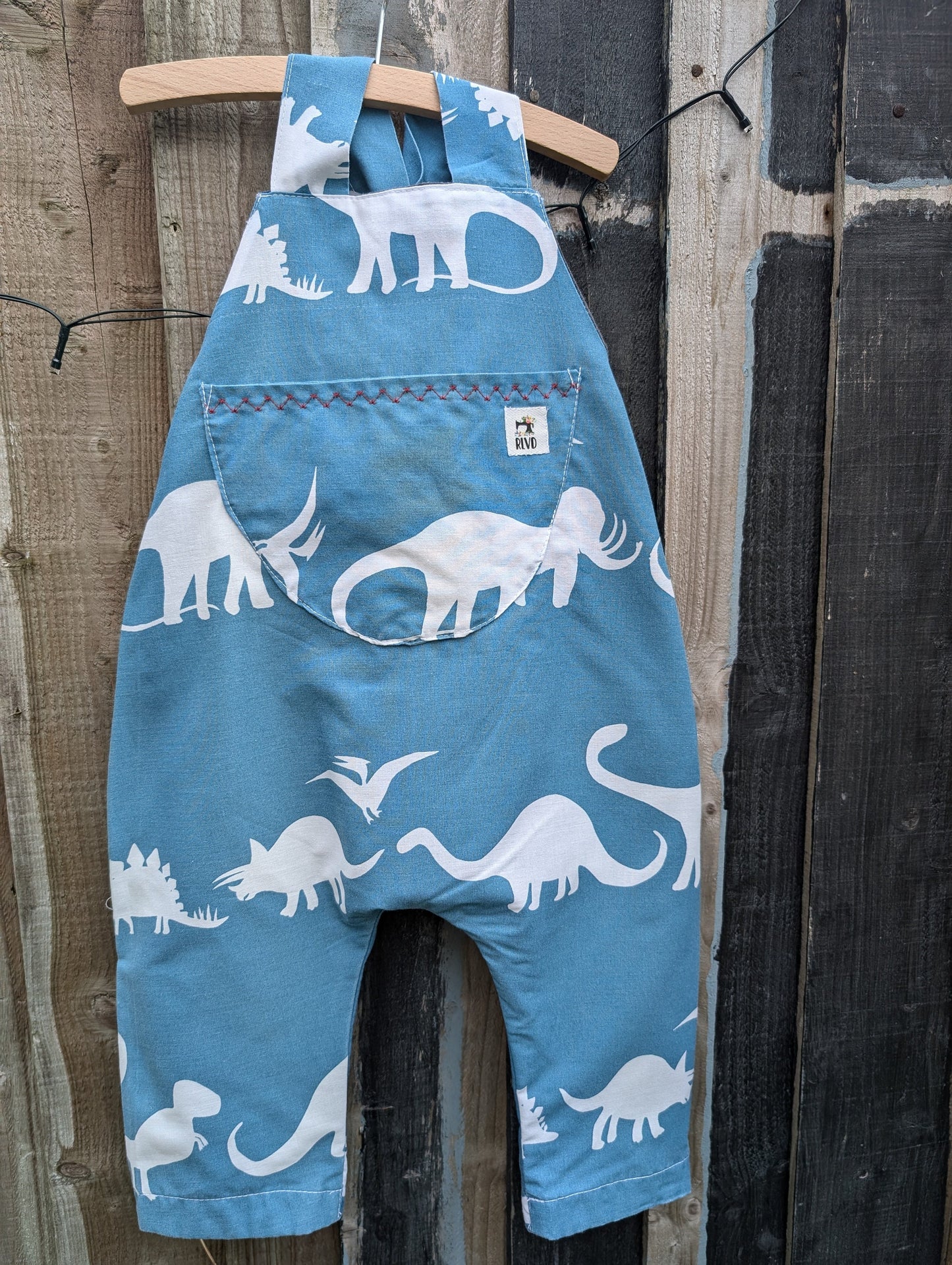 Child Dungarees, romper, age 12-18m dinosaur blue and white