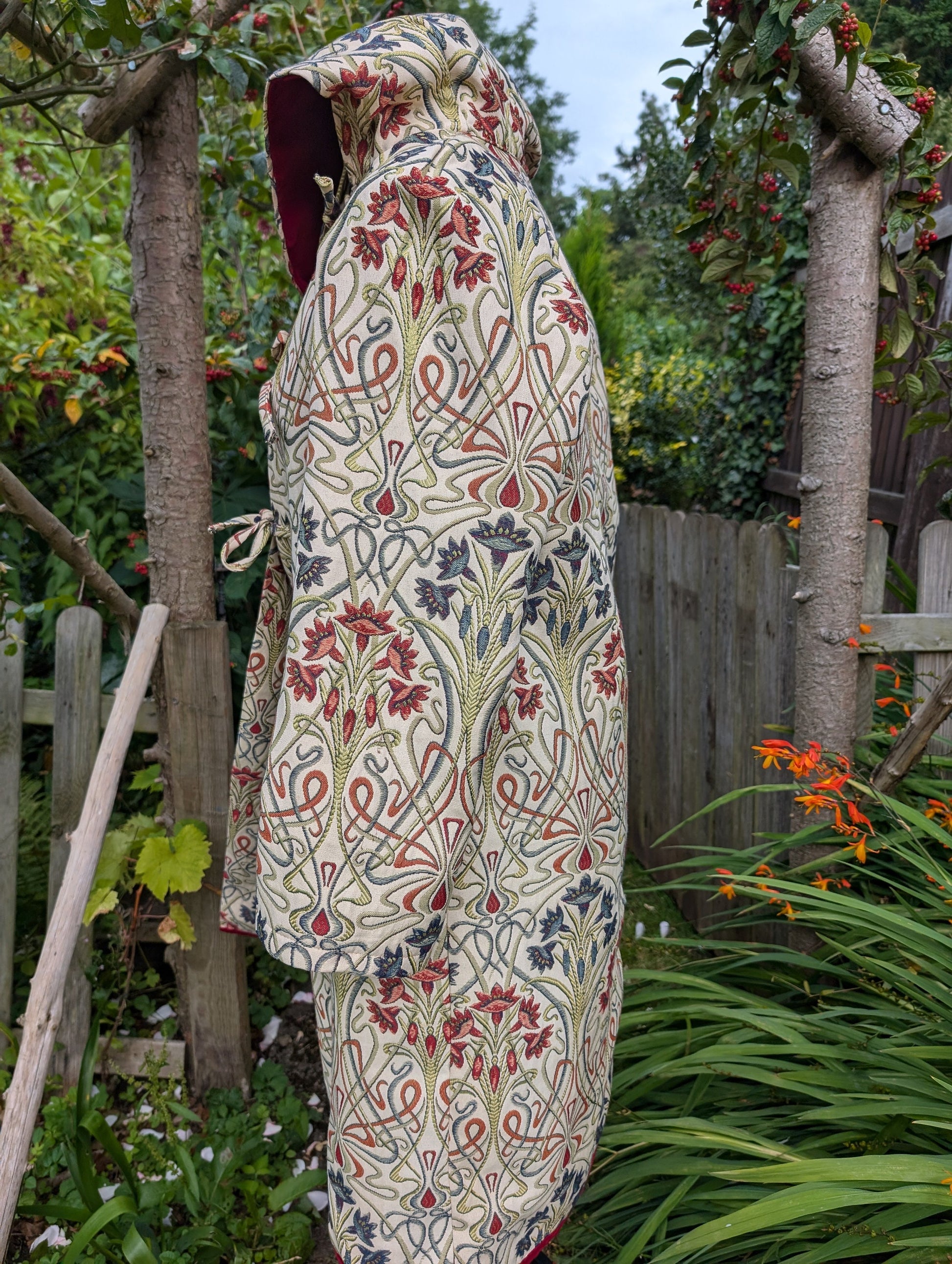 long coat, embroidery coat, hooded coat, autumn coat, floral coat, size 16 coat