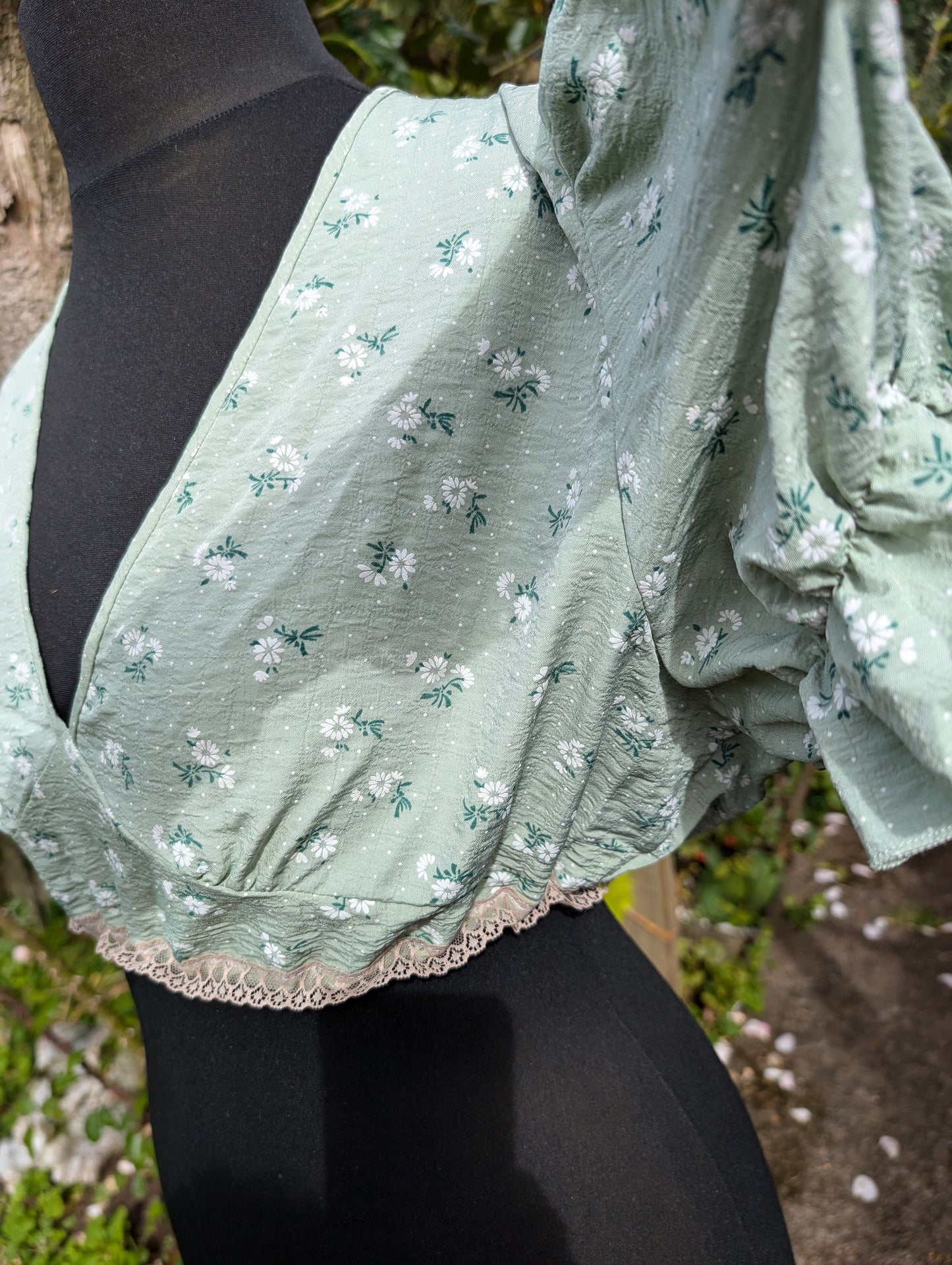 cropped floral top, reworked top, short top, gathered top, green top,