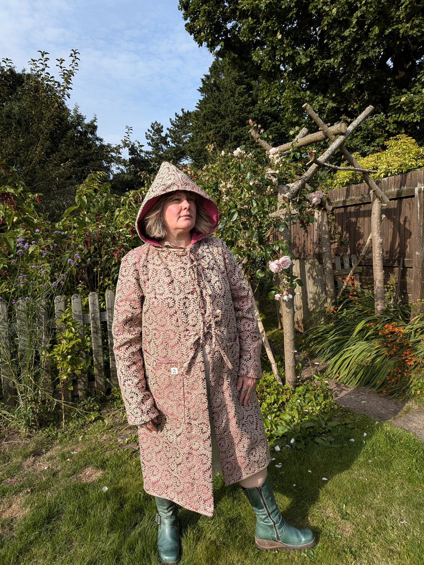 coat, embroidery coat, hooded coat, autumn coat, fern print coat, size 16 coat, long coat