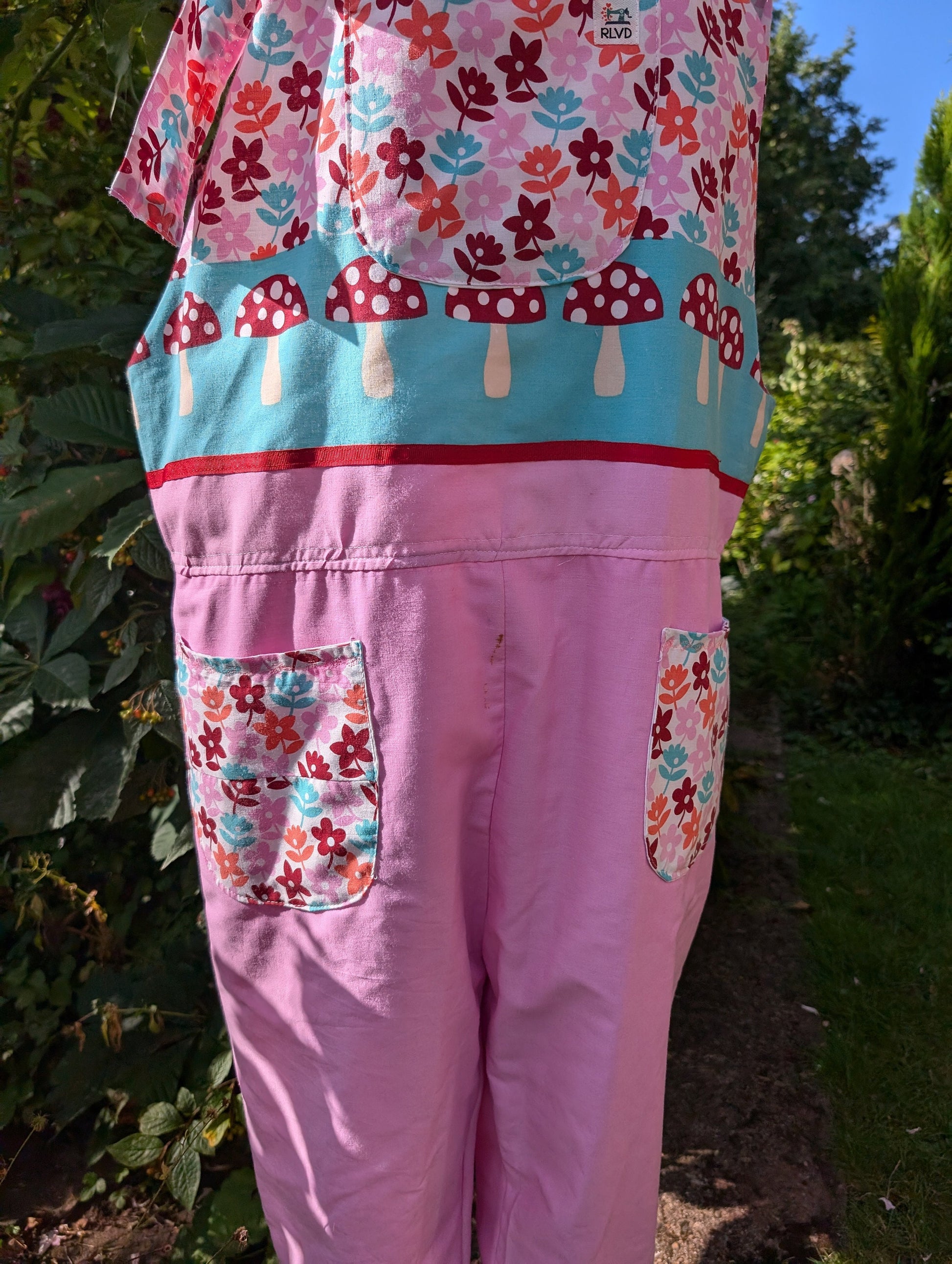 Dungarees size 16-18/XL, mushroom print, Baggy fit dungarees, tietop Dungarees,eco clothing, colourfull dungarees, pink Dungarees