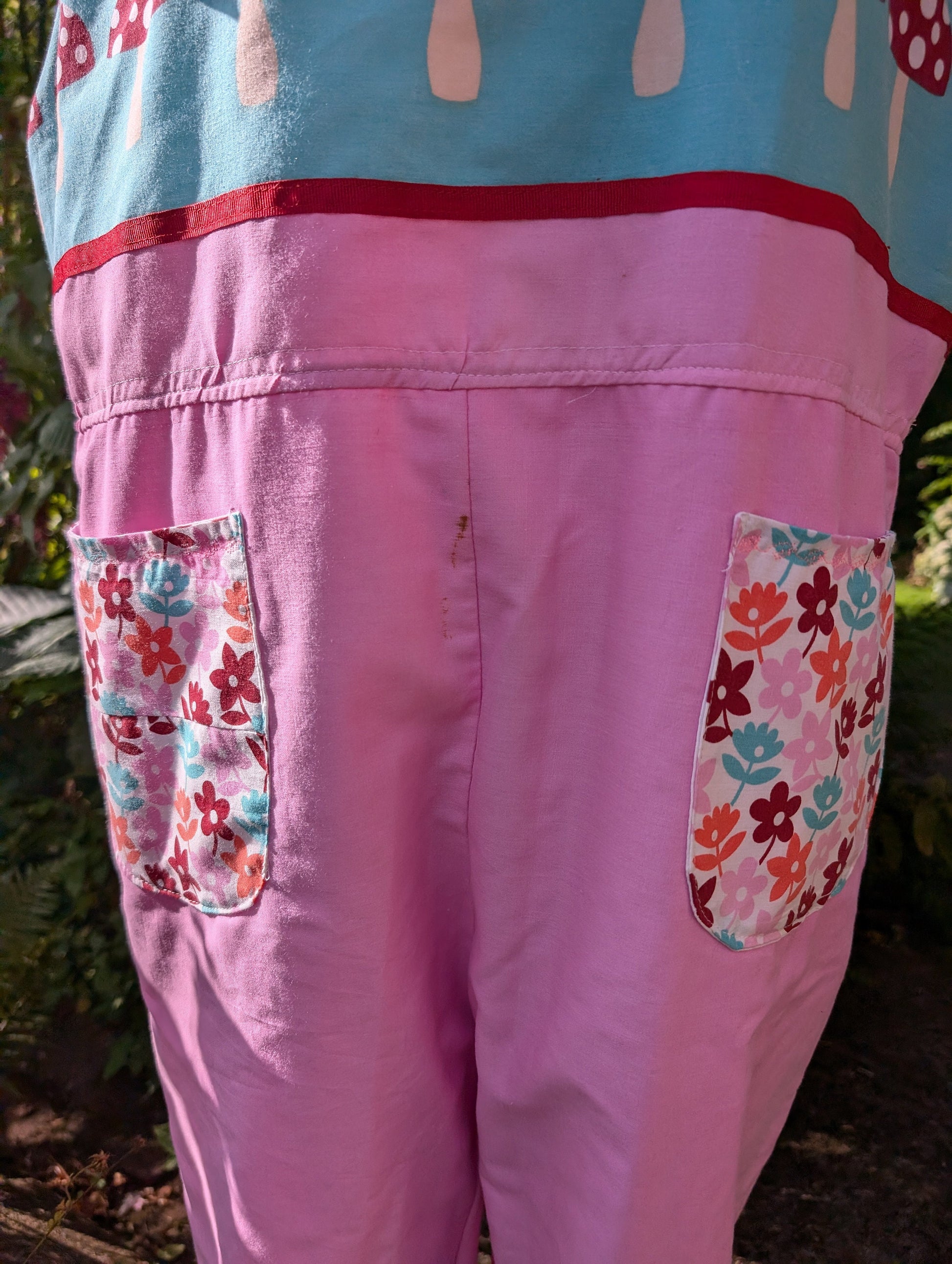 Dungarees size 16-18/XL, mushroom print, Baggy fit dungarees, tietop Dungarees,eco clothing, colourfull dungarees, pink Dungarees