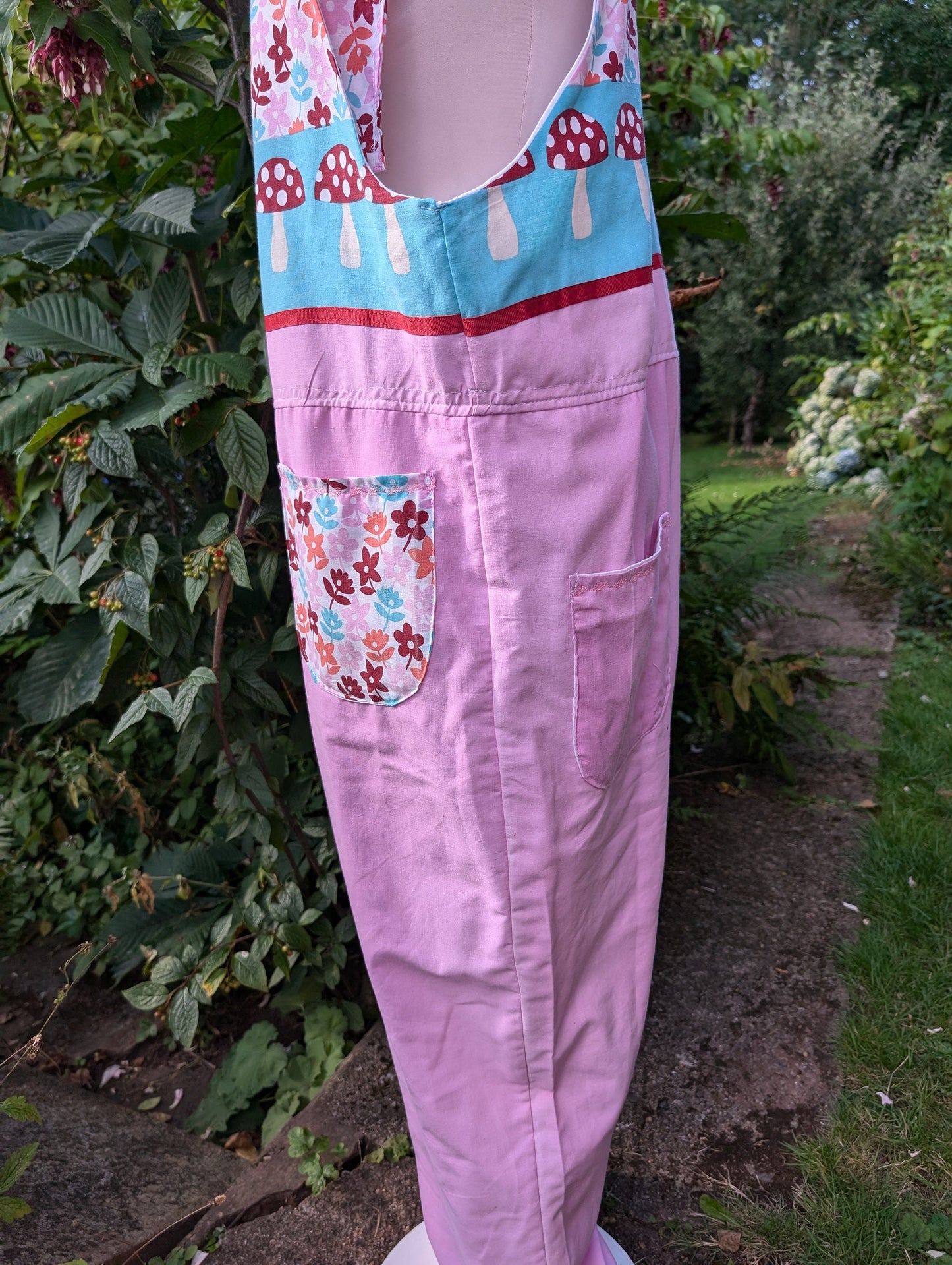 Dungarees size 16-18/XL, mushroom print, Baggy fit dungarees, tietop Dungarees,eco clothing, colourfull dungarees, pink Dungarees