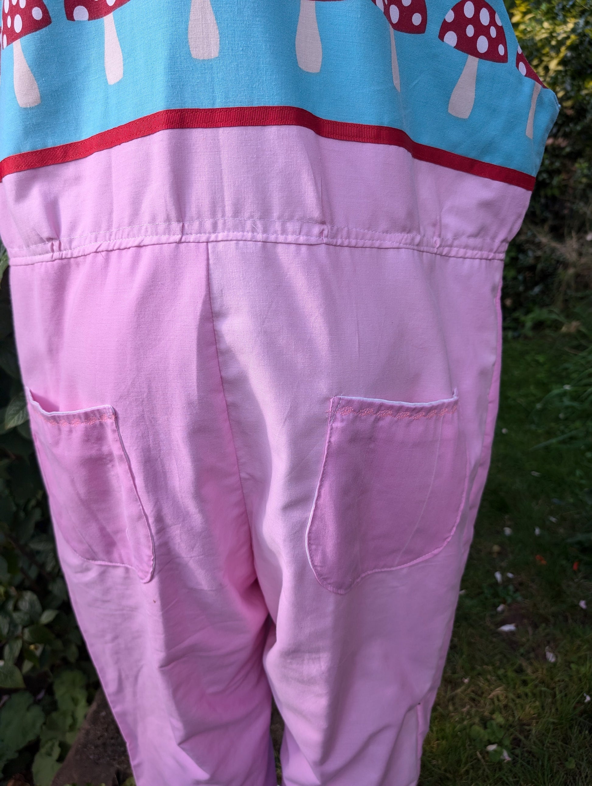 Dungarees size 16-18/XL, mushroom print, Baggy fit dungarees, tietop Dungarees,eco clothing, colourfull dungarees, pink Dungarees