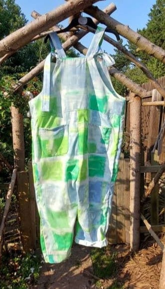 dungarees size 16/18/XL, ladies clothing, vintage pattern blue and green. upcycled reworked textiles.overalls, tie top Dungarees