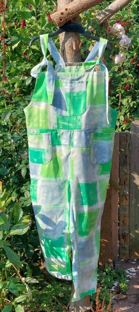 dungarees size 16/18/XL, ladies clothing, vintage pattern blue and green. upcycled reworked textiles.overalls, tie top Dungarees