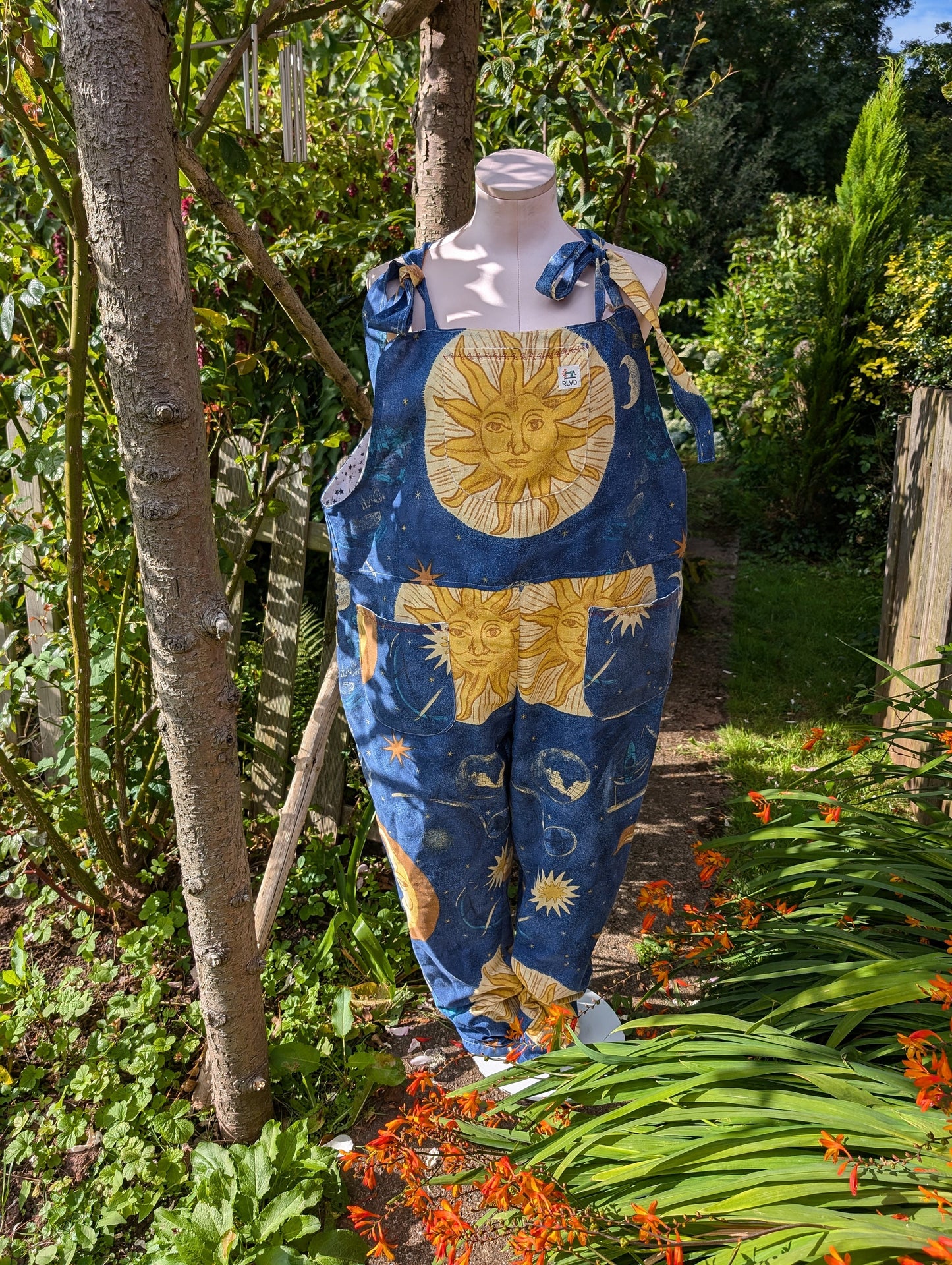 Dungarees size 16-18/XL, celestial print, Baggy fit dungarees, witchcraft Dungarees, stars and moons Dungarees