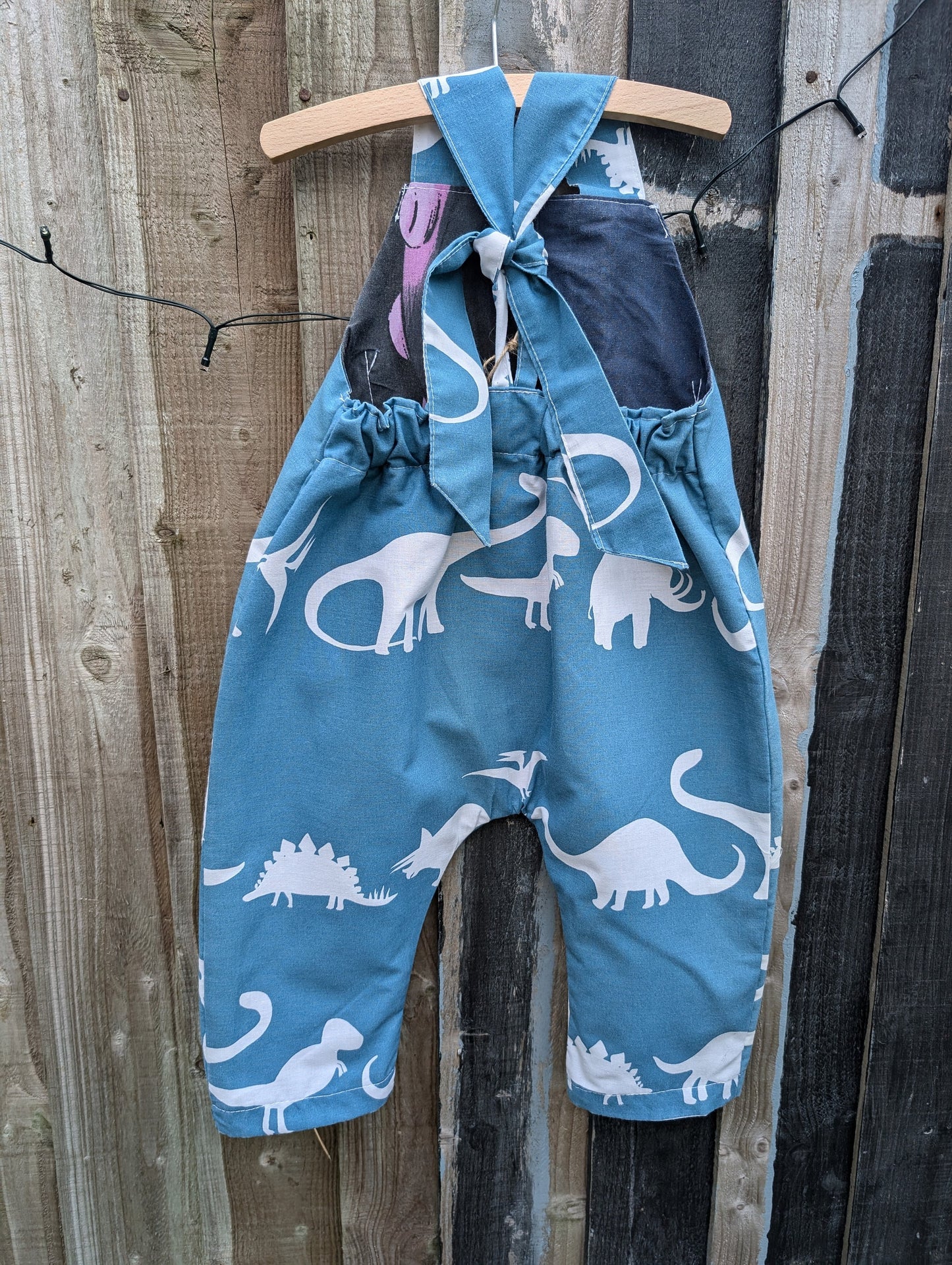 Child Dungarees, romper, age 12-18m dinosaur blue and white