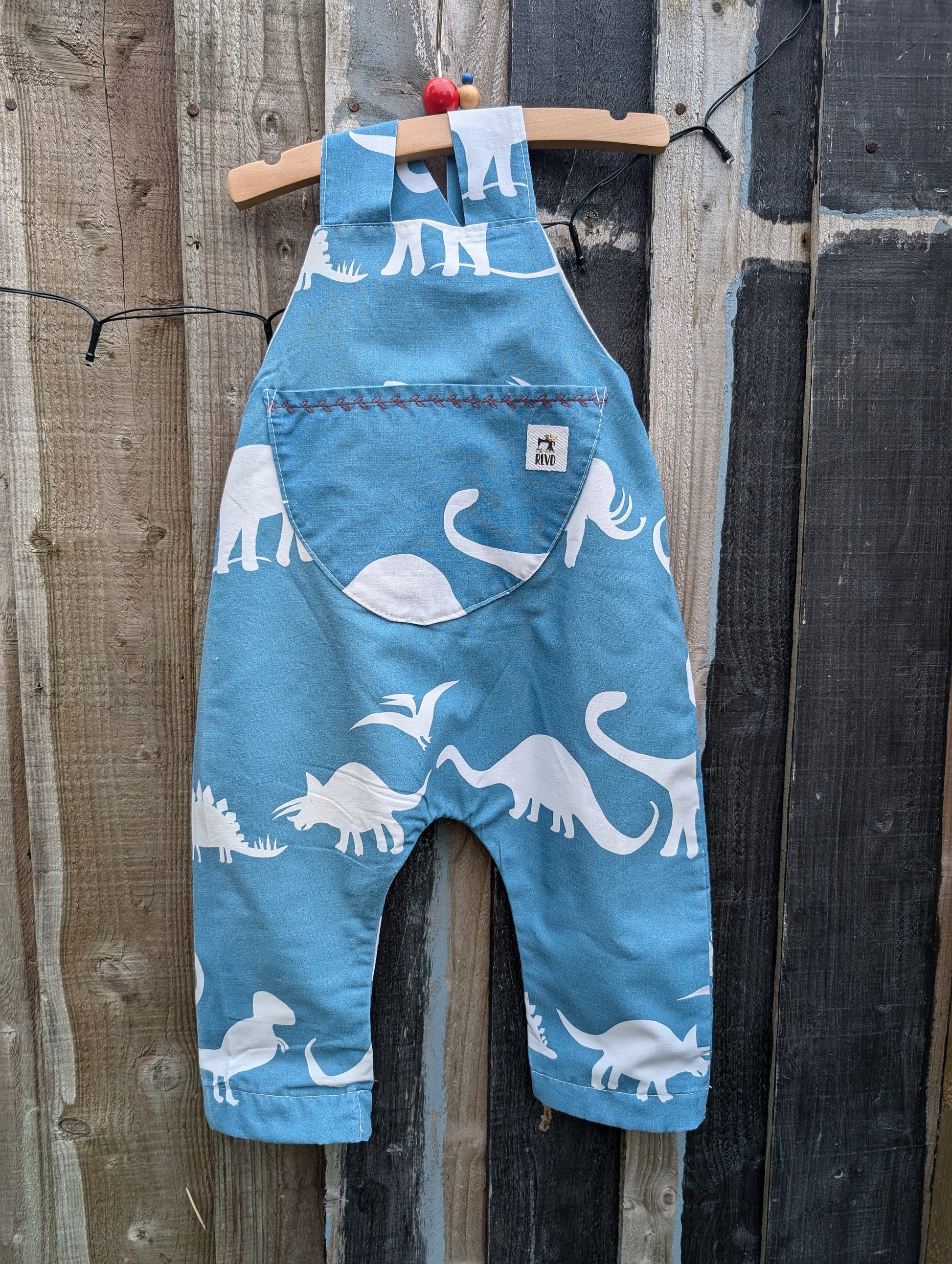 Baby Dungarees, romper, age 6-9m dinosaur blue and white