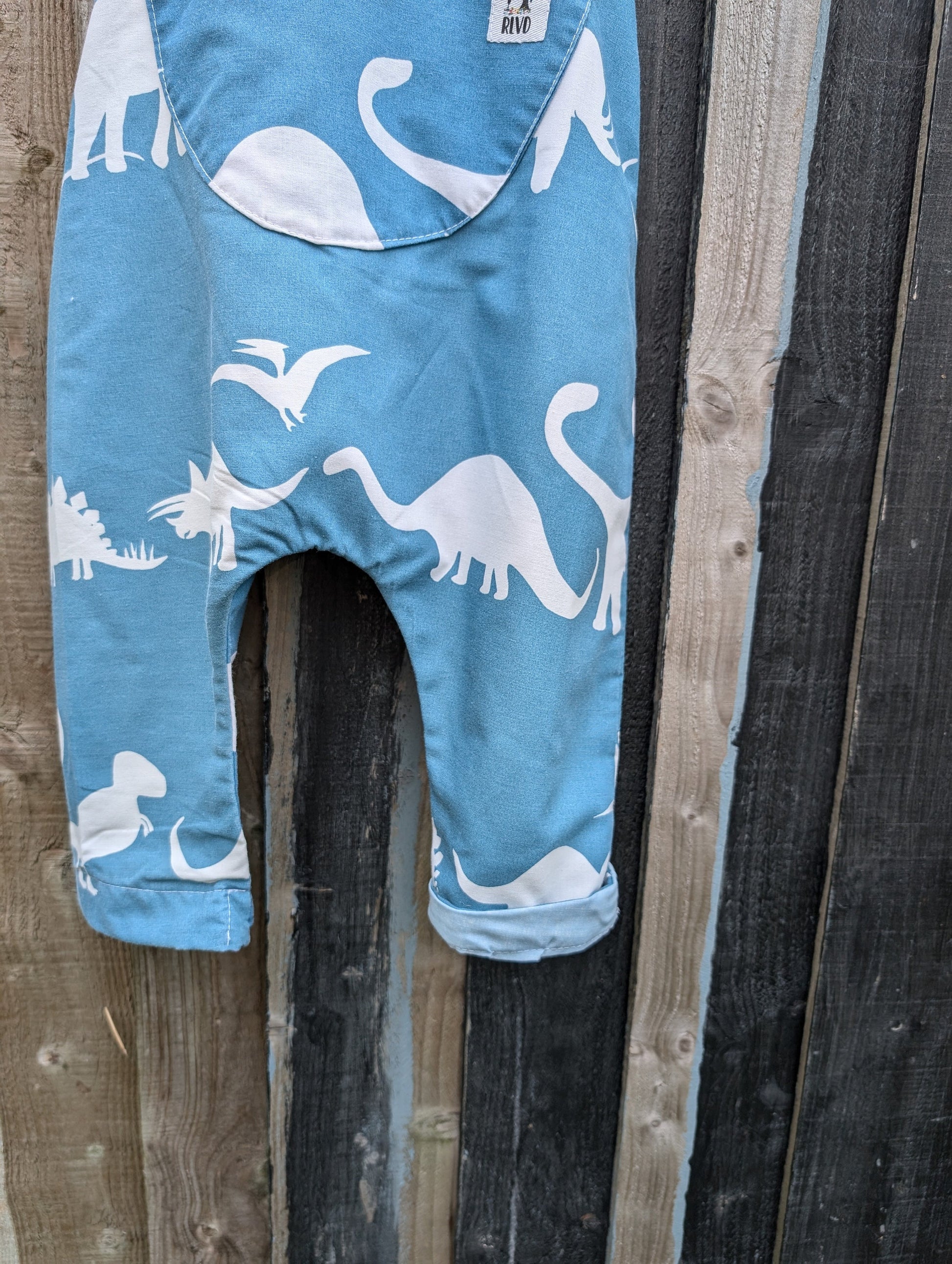 Baby Dungarees, romper, age 6-9m dinosaur blue and white