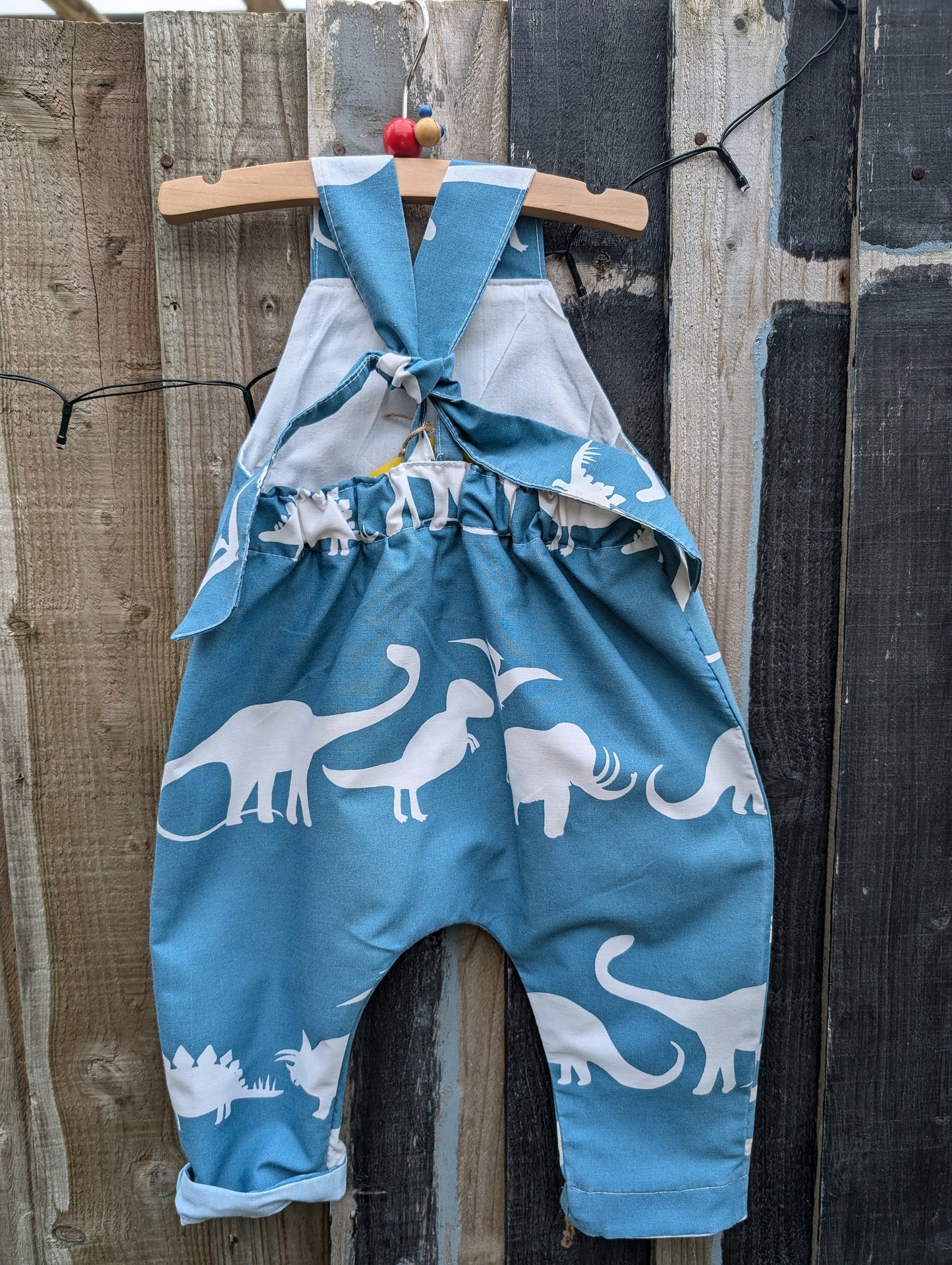 Baby Dungarees, romper, age 6-9m dinosaur blue and white