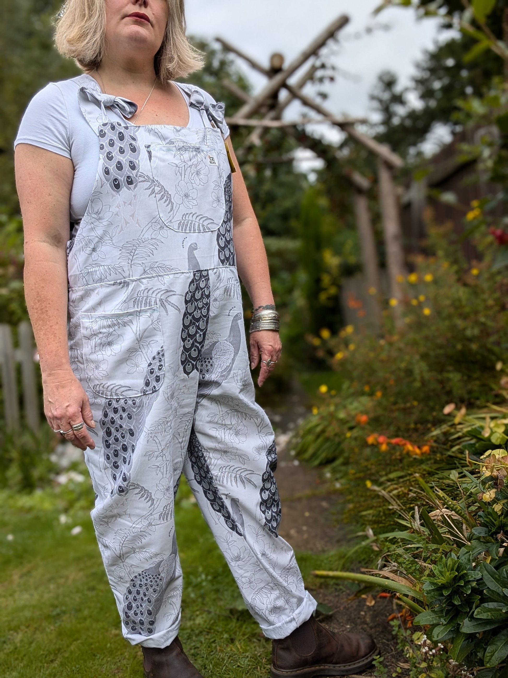 dungarees size 20, peacocks pattern dungarees, plus size dungarees