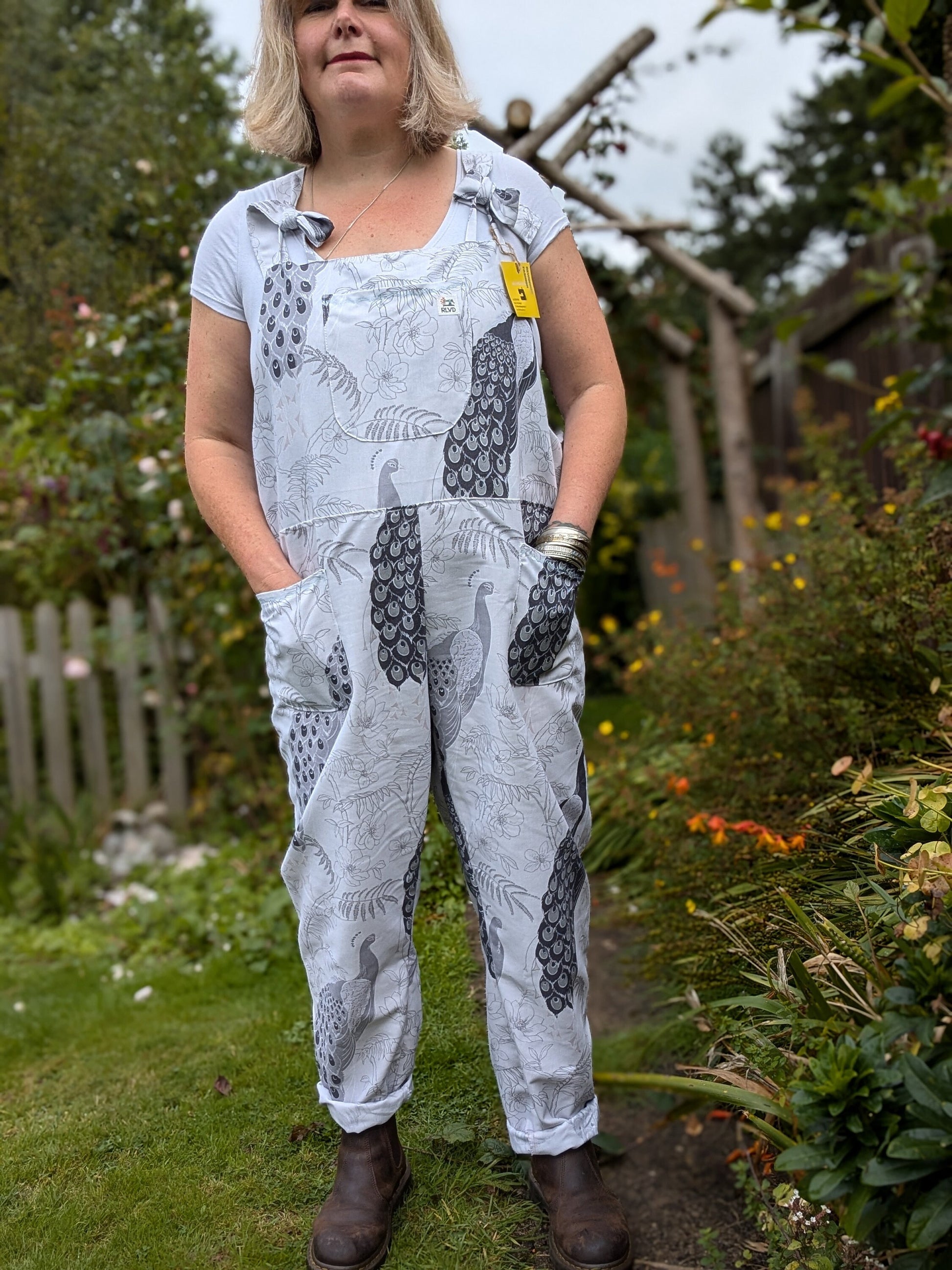 dungarees size 20, peacocks pattern dungarees, plus size dungarees