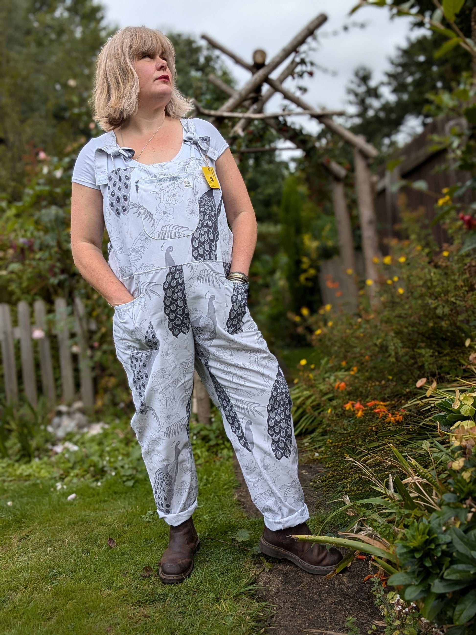 dungarees size 20, peacocks pattern dungarees, plus size dungarees