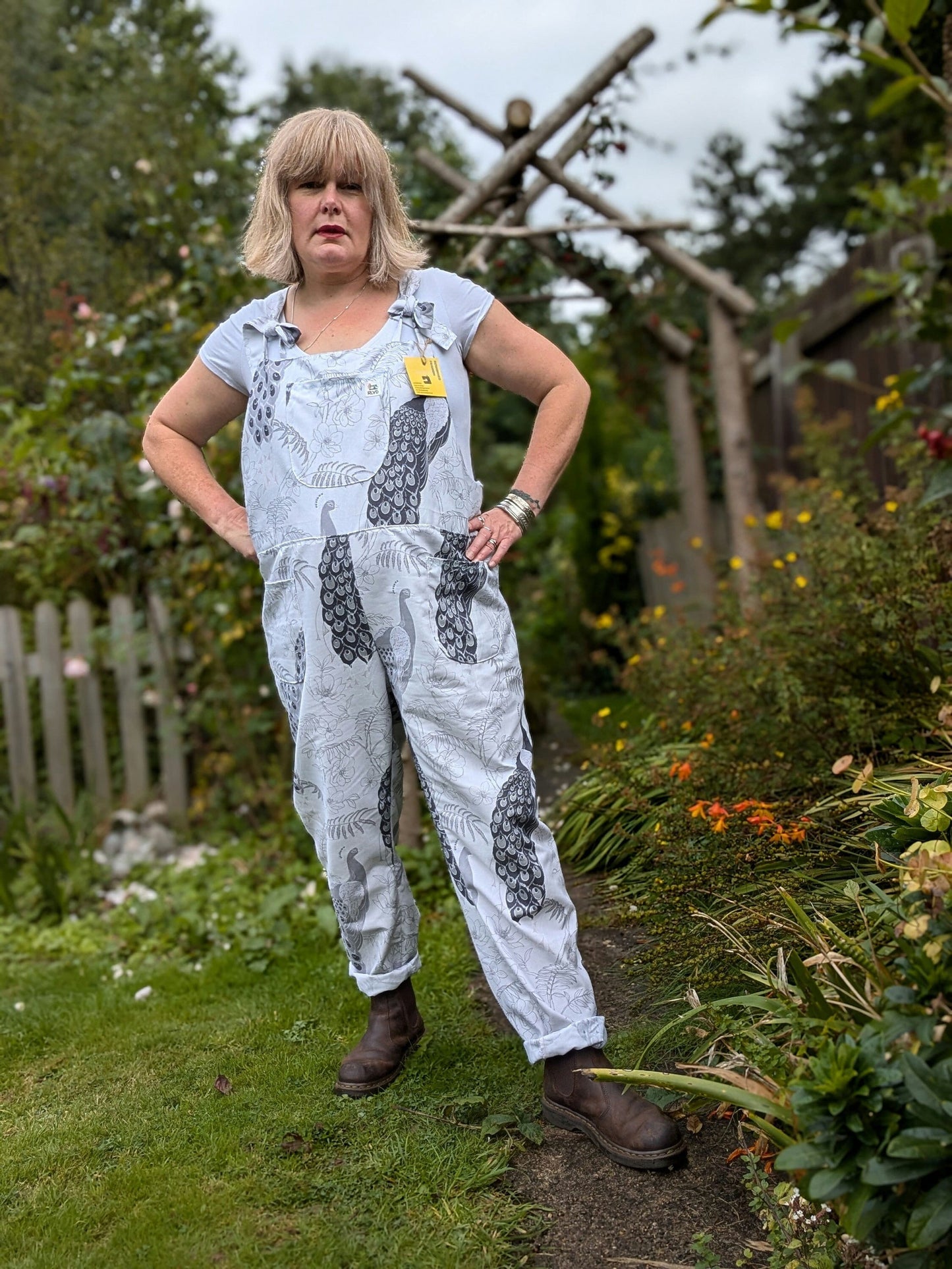 dungarees size 20, peacocks pattern dungarees, plus size dungarees