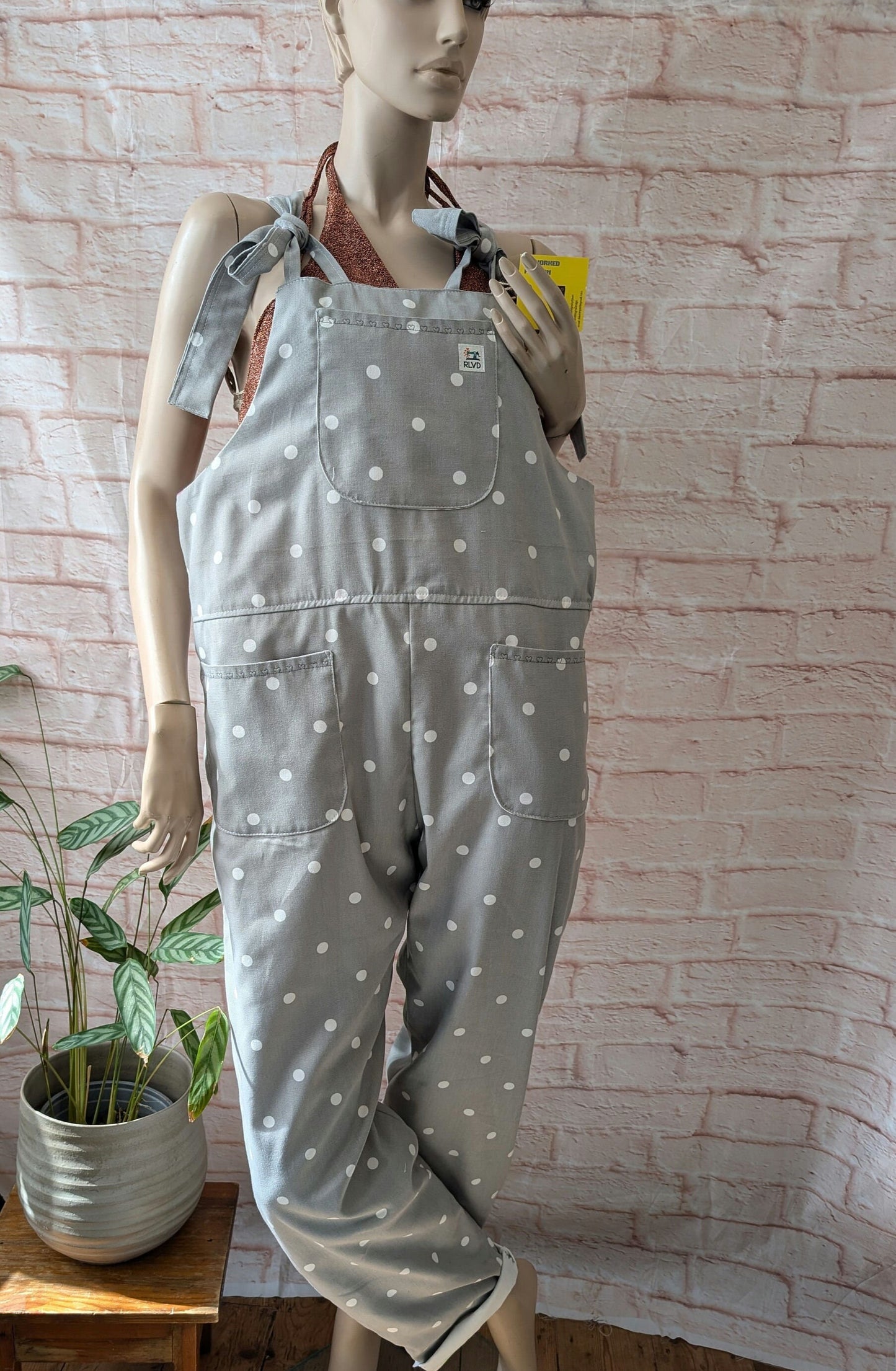 dungarees size 14 , grey and white spots, spotty dungarees, baggy dungarees, sustainable fashion dungarees, reworked clothing