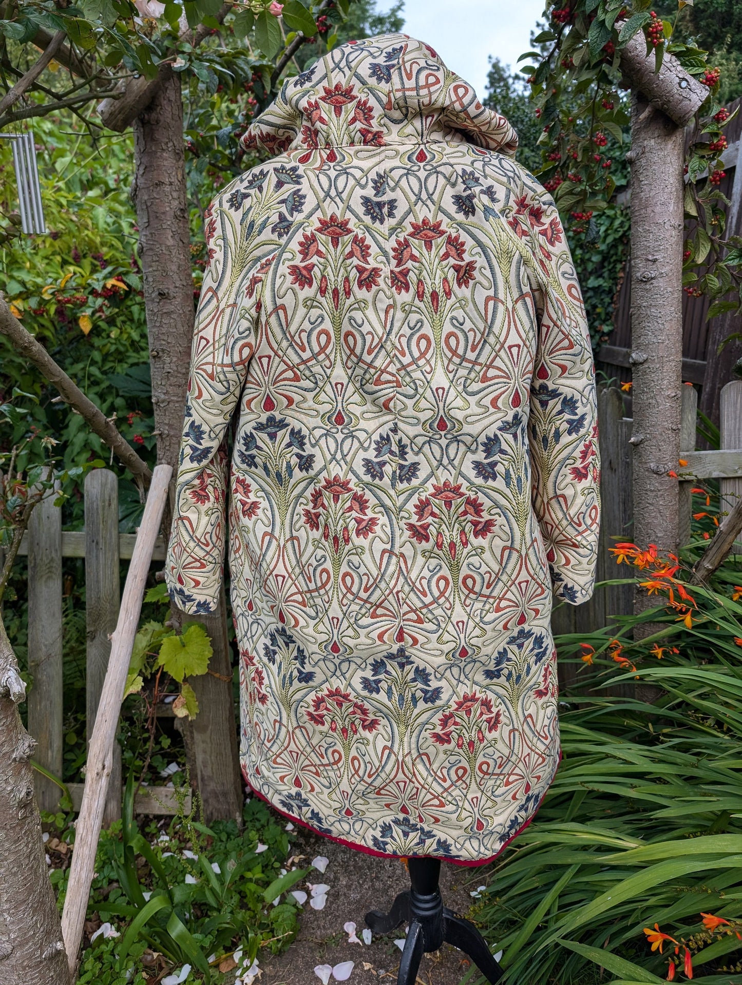 long coat, embroidery coat, hooded coat, autumn coat, floral coat, size 16 coat