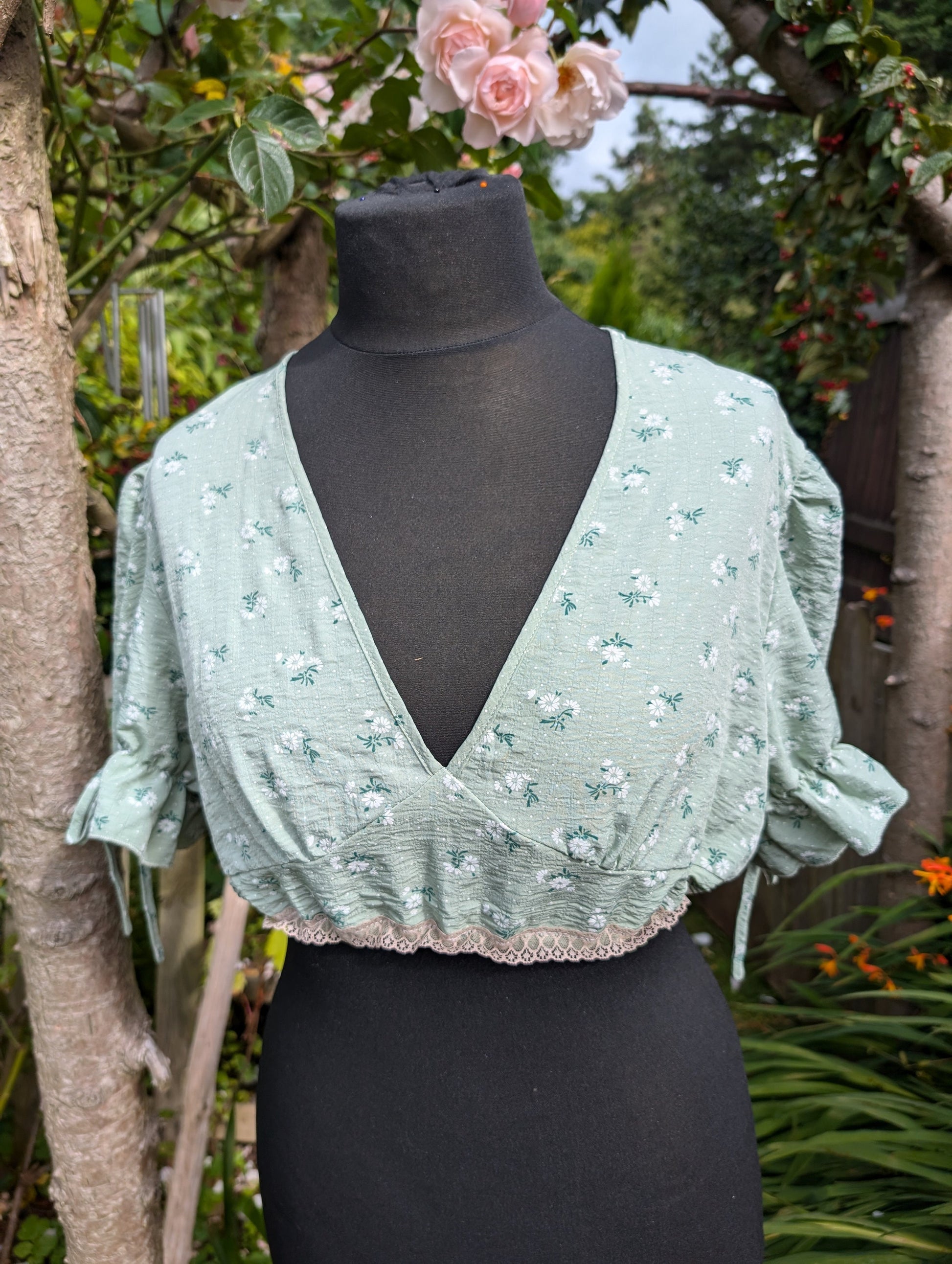 cropped floral top, reworked top, short top, gathered top, green top,