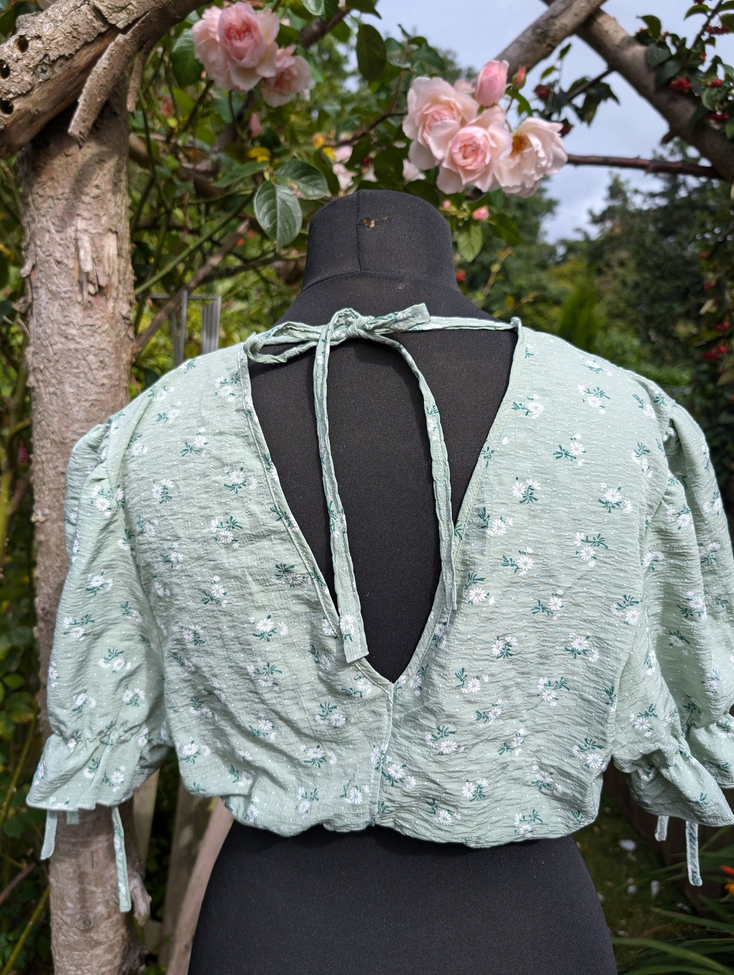 cropped floral top, reworked top, short top, gathered top, green top,