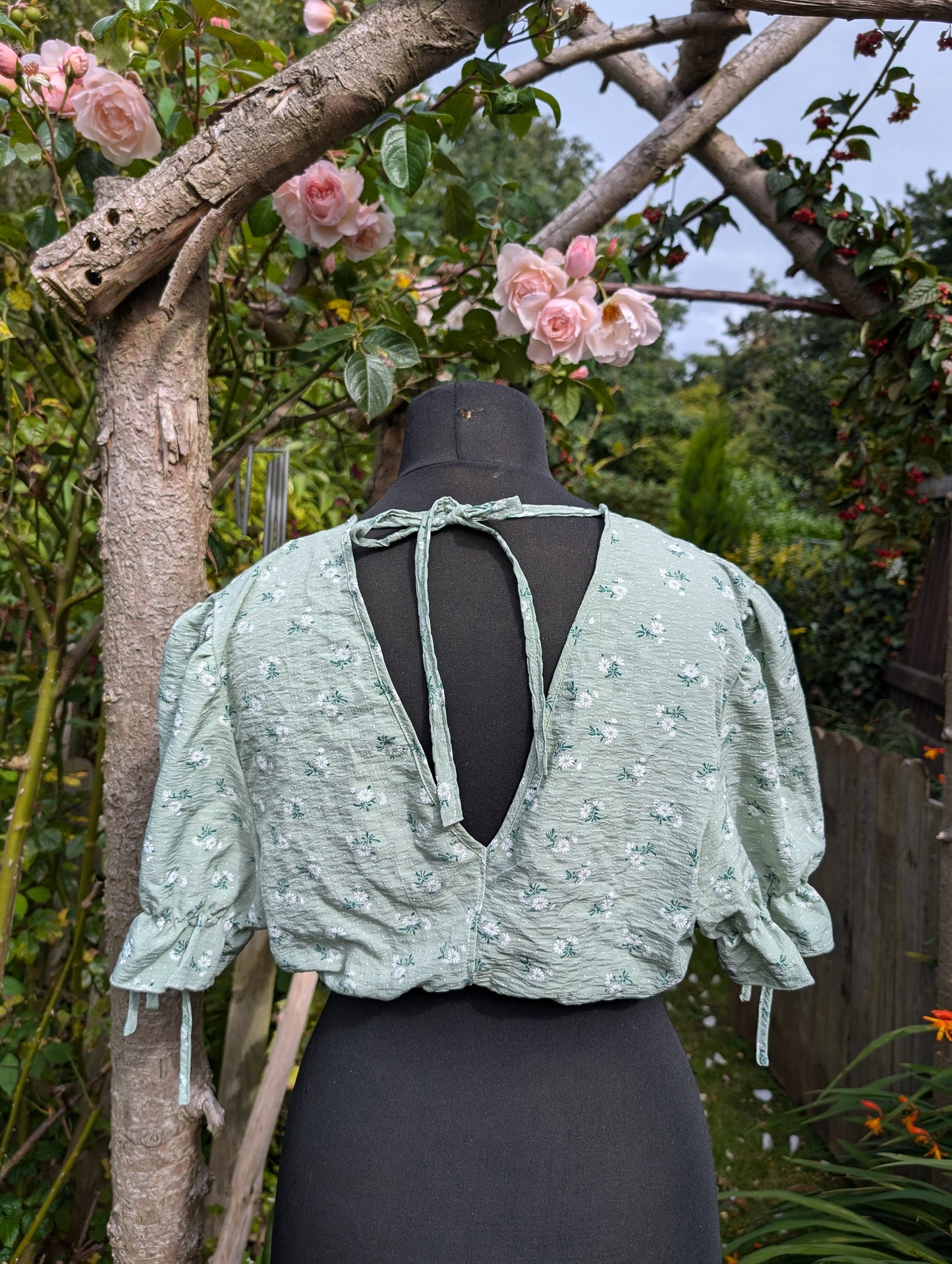 cropped floral top, reworked top, short top, gathered top, green top,