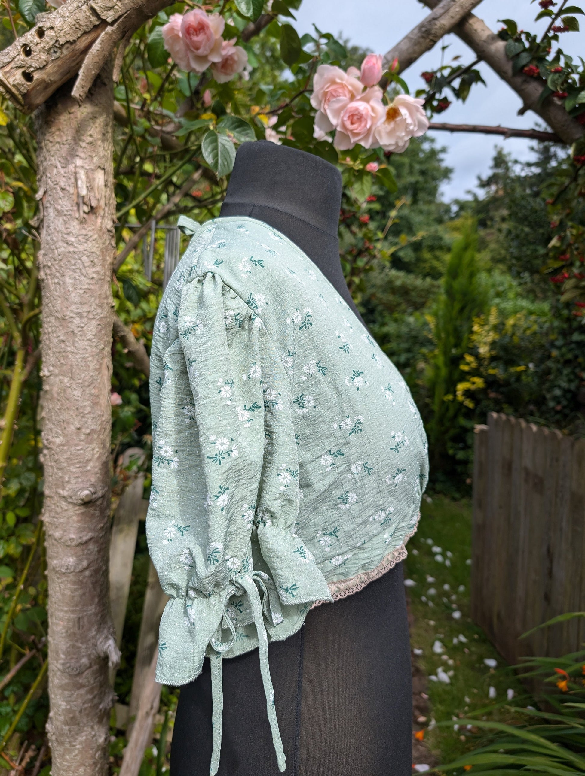 cropped floral top, reworked top, short top, gathered top, green top,