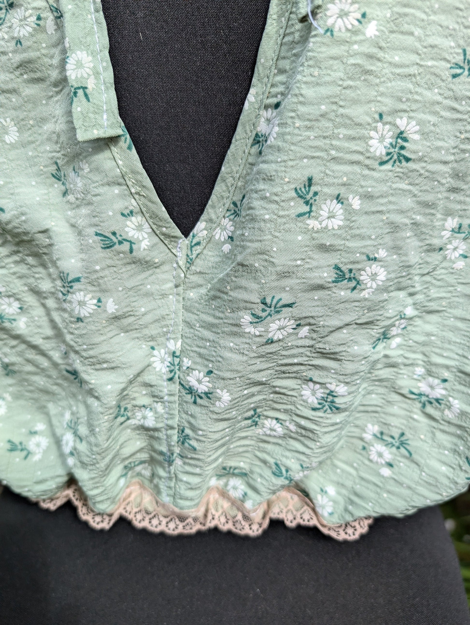 cropped floral top, reworked top, short top, gathered top, green top,