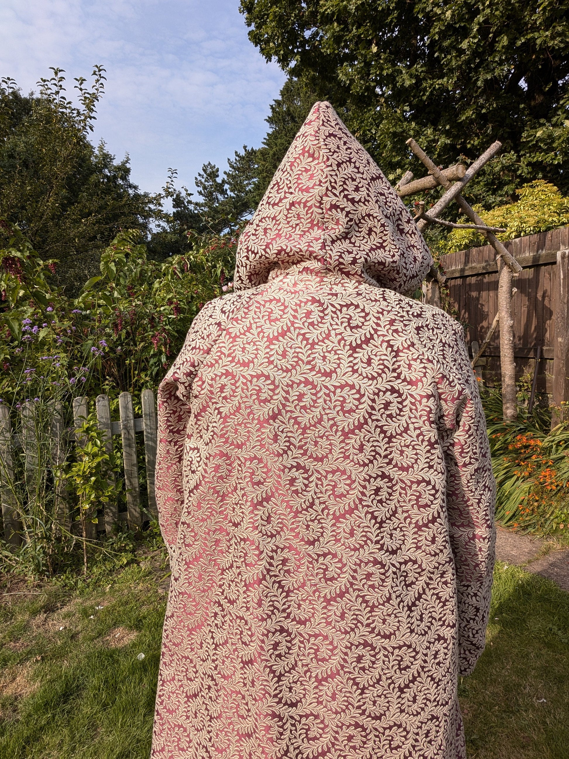 coat, embroidery coat, hooded coat, autumn coat, fern print coat, size 16 coat, long coat