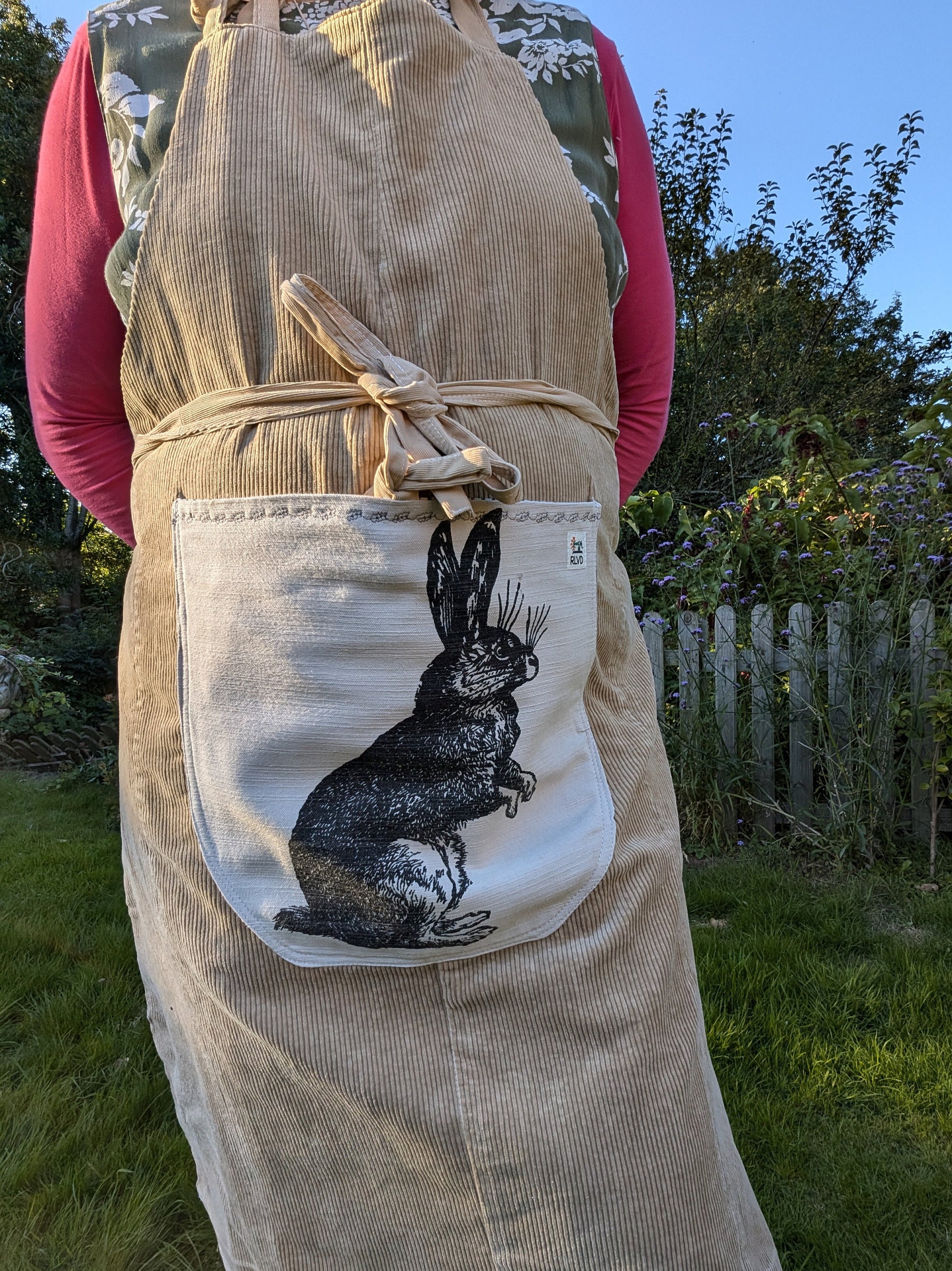 long apron, corduroy apron adult, hare themed piny, kitchen cover up, novelty apron, country kitchen, hare feature pocket apron