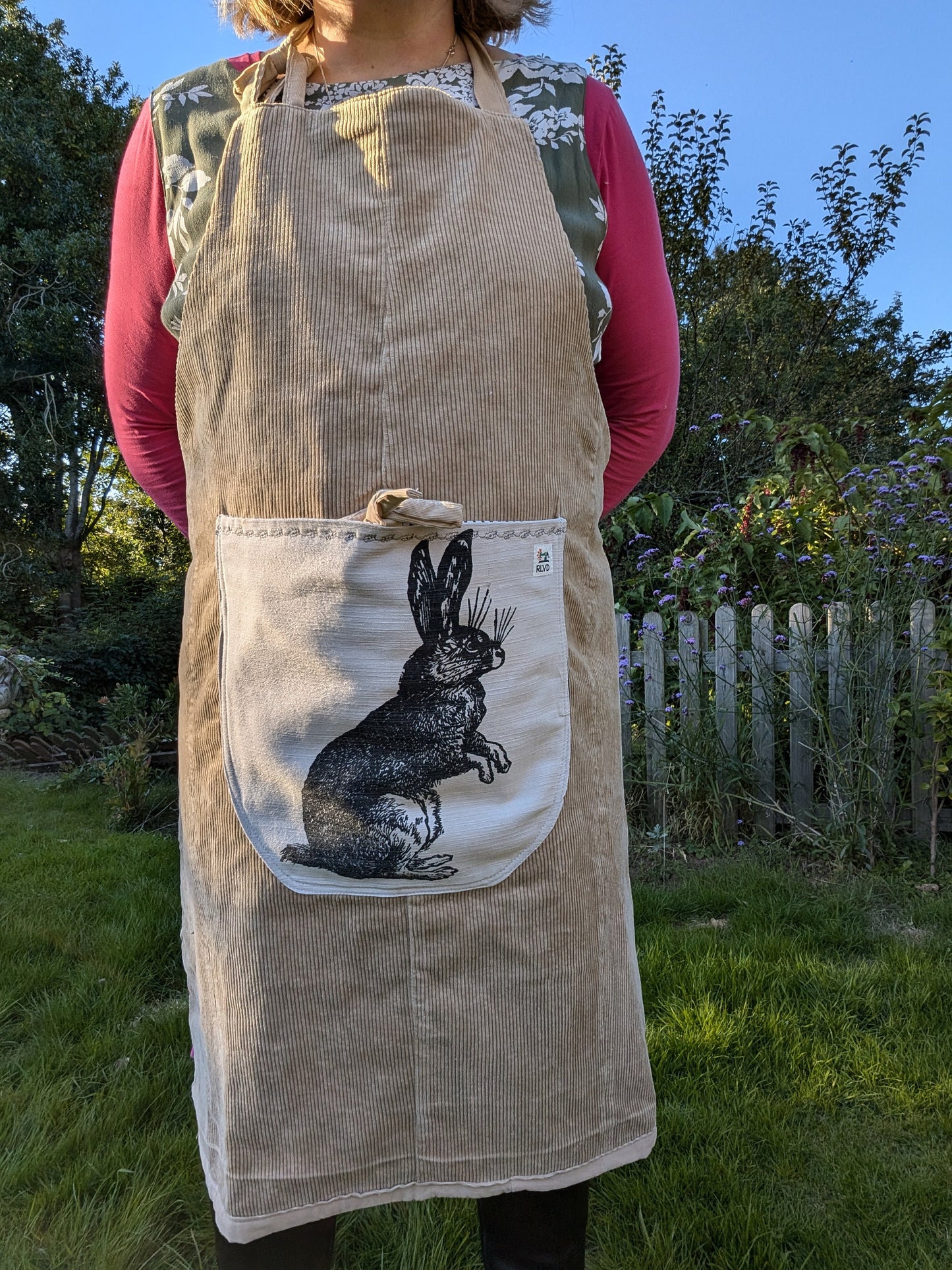 long apron, corduroy apron adult, hare themed piny, kitchen cover up, novelty apron, country kitchen, hare feature pocket apron