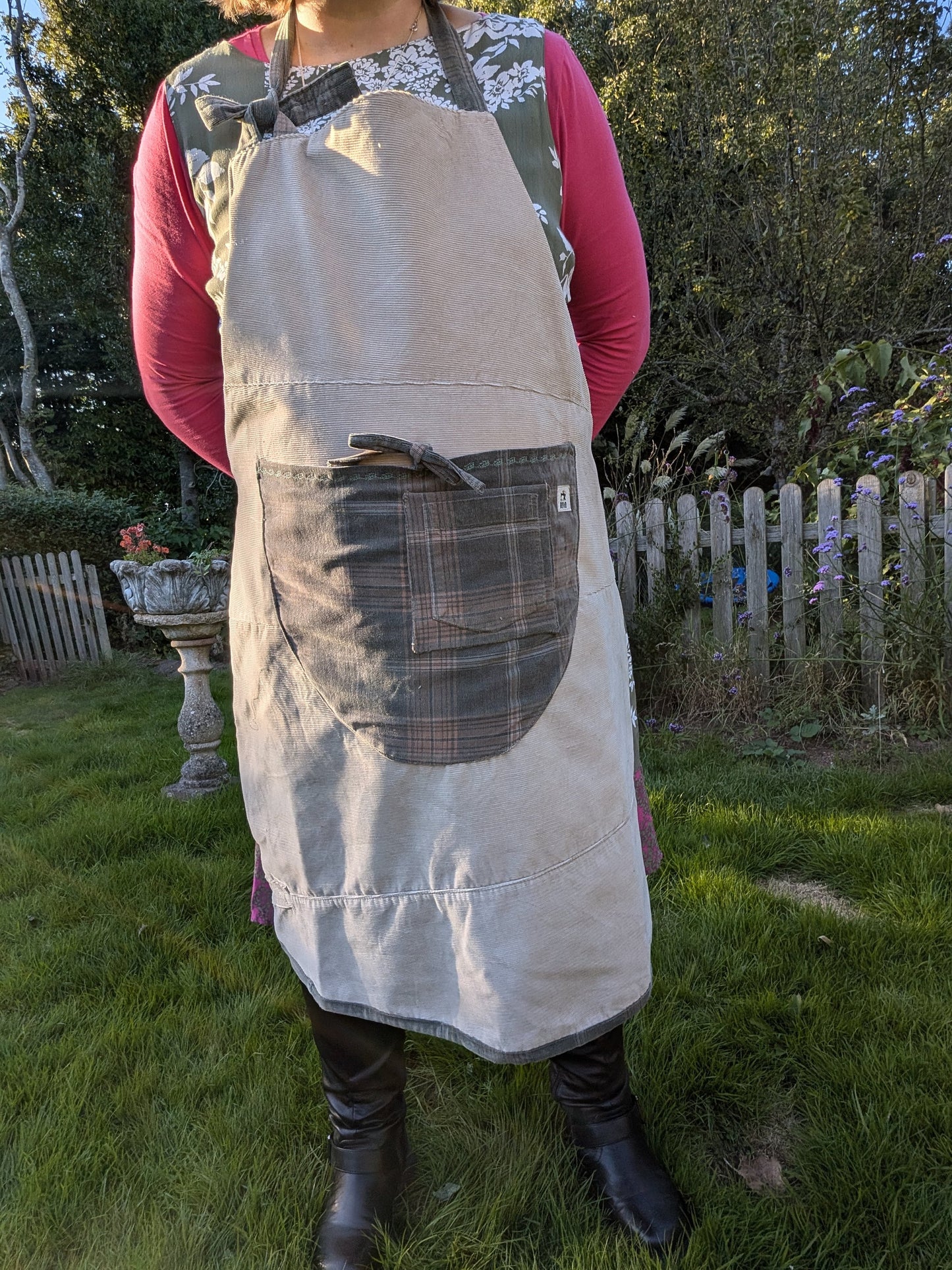 long apron, corduroy apron adult, checked piny, kitchen cover up, novelty apron, country kitchen, pocket feature pocket apron