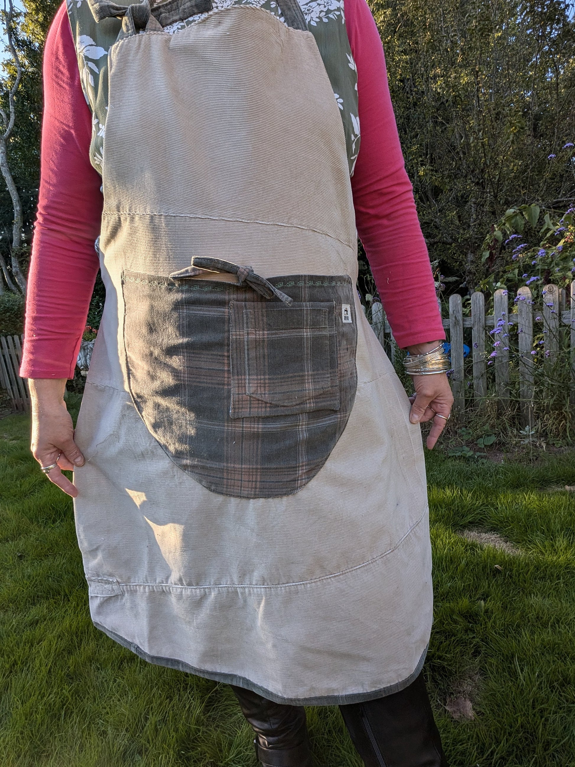 long apron, corduroy apron adult, checked piny, kitchen cover up, novelty apron, country kitchen, pocket feature pocket apron