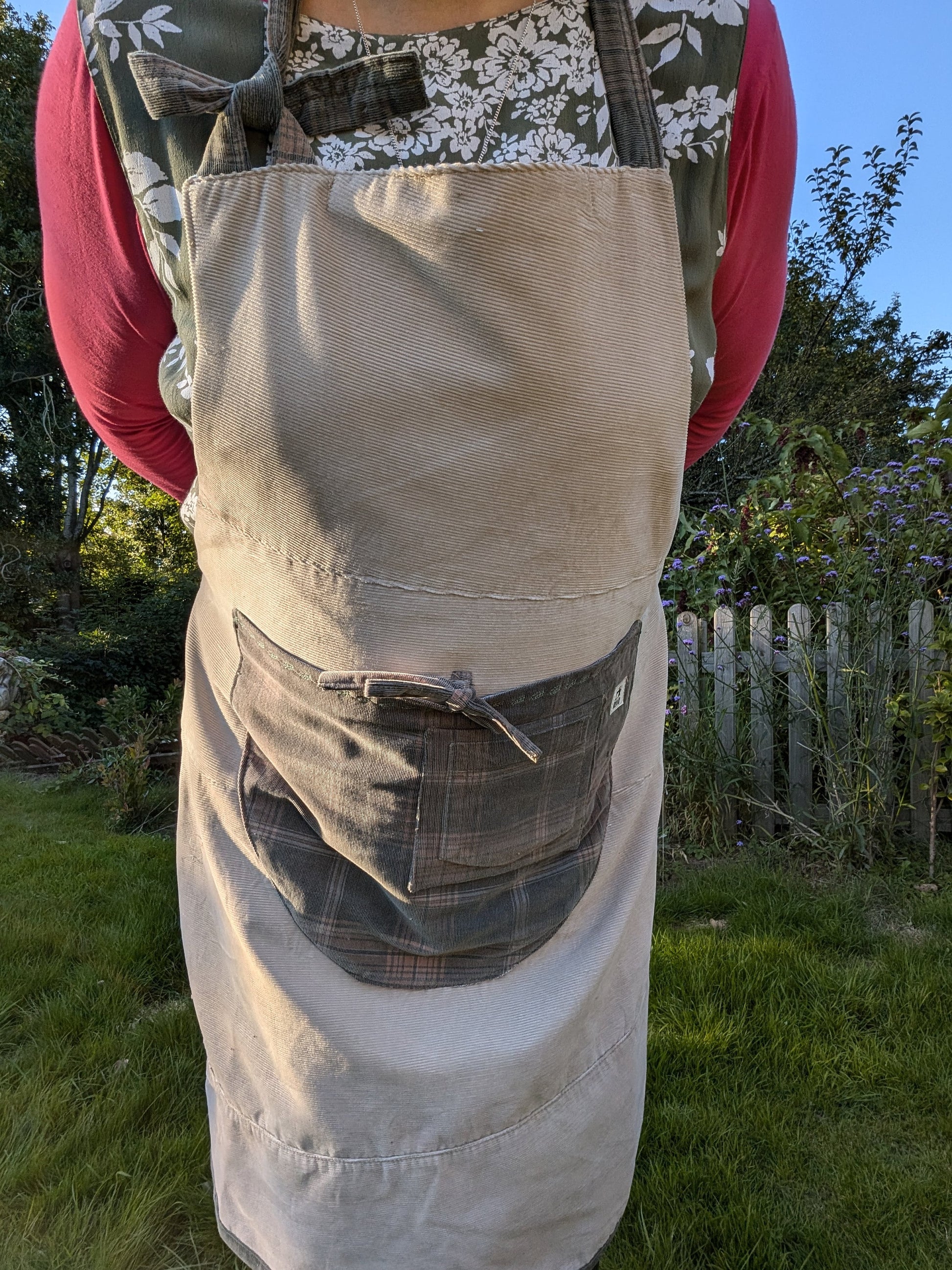 long apron, corduroy apron adult, checked piny, kitchen cover up, novelty apron, country kitchen, pocket feature pocket apron