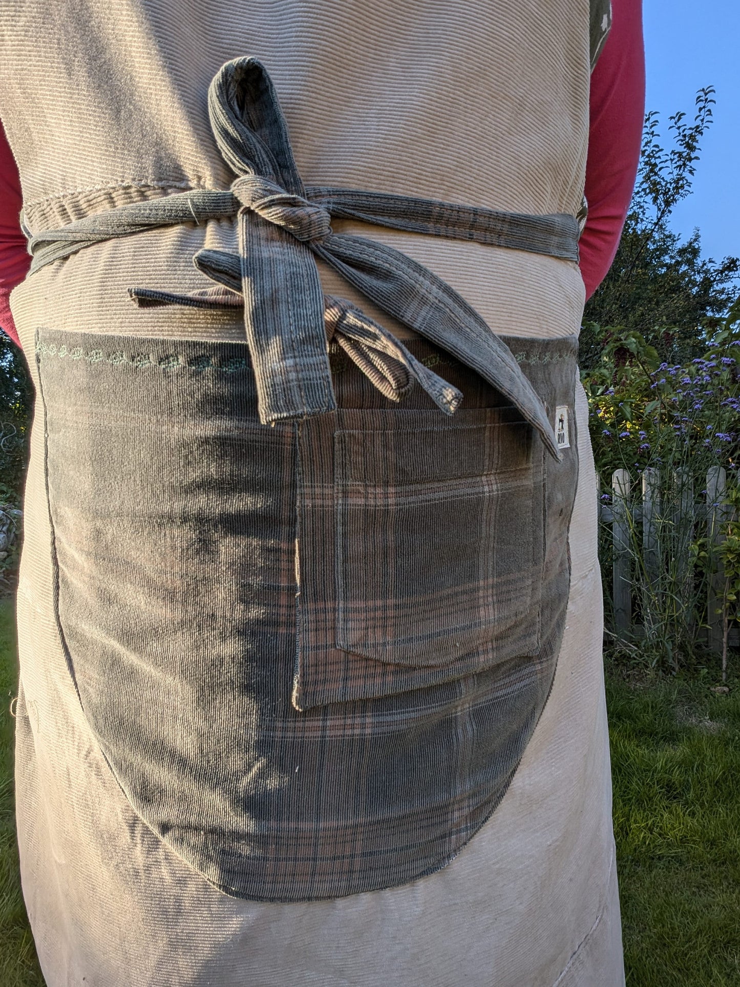 long apron, corduroy apron adult, checked piny, kitchen cover up, novelty apron, country kitchen, pocket feature pocket apron