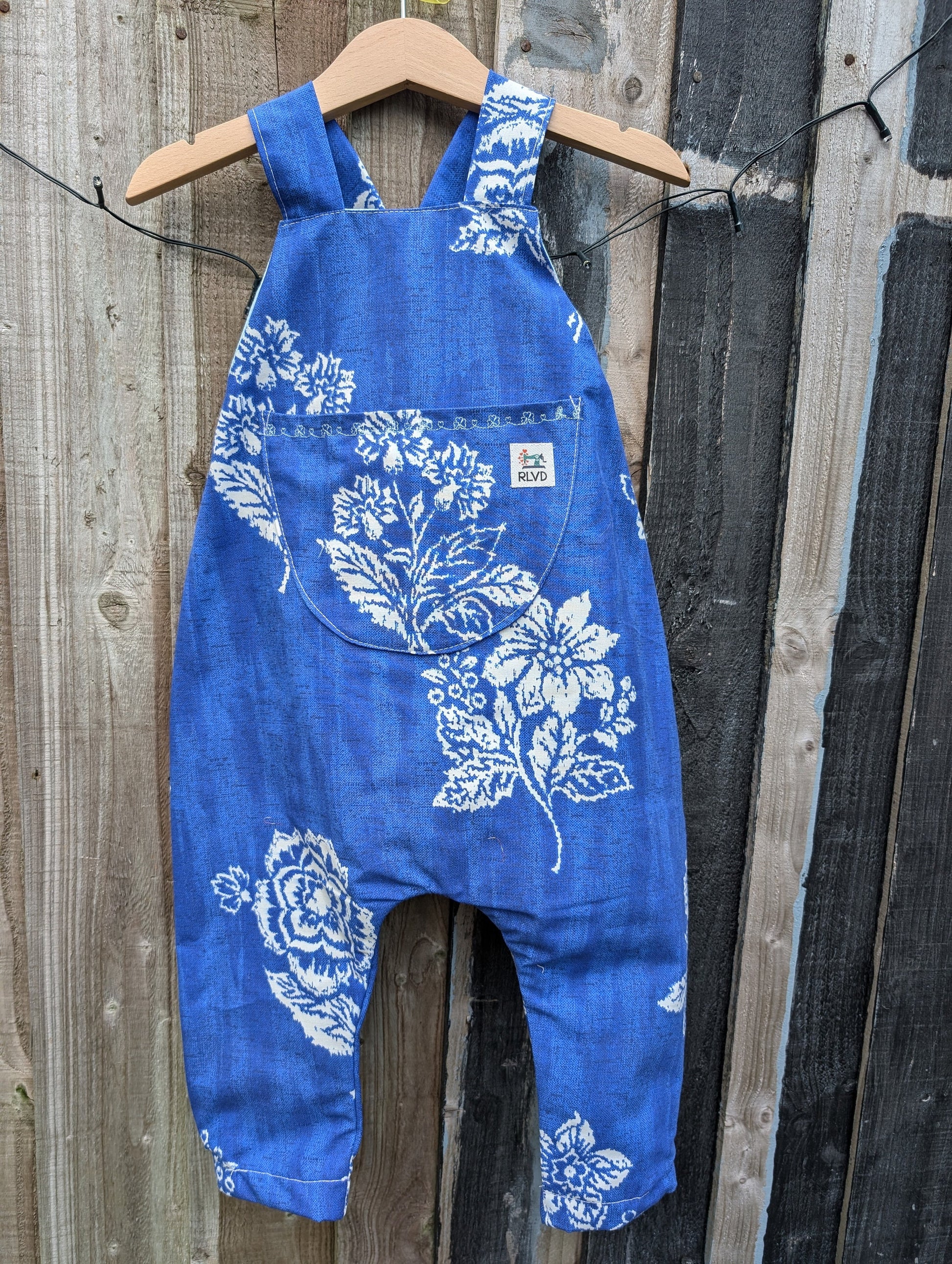 Child Dungarees, romper, age 12-18m floral blue and white