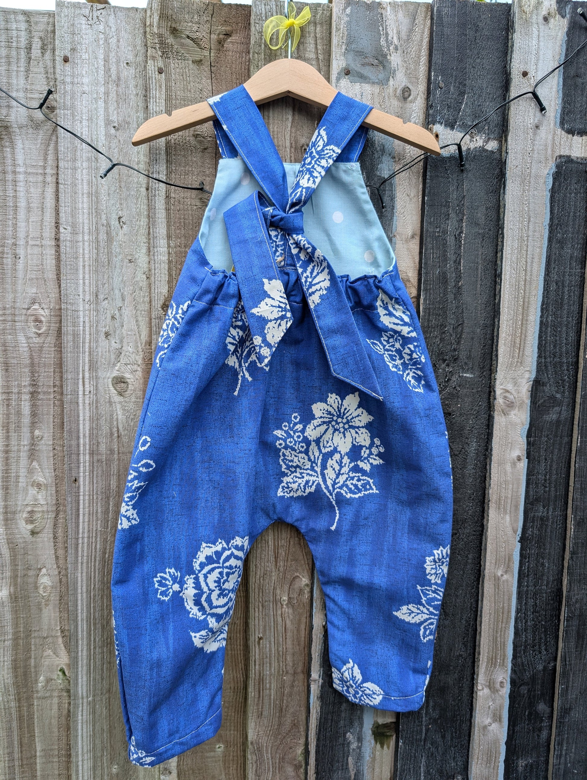 Child Dungarees, romper, age 12-18m floral blue and white