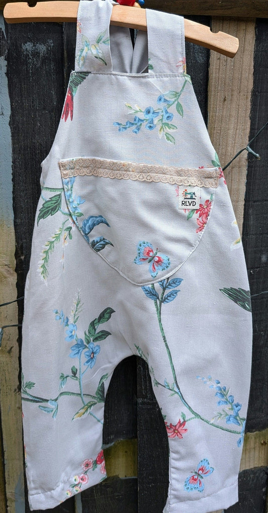 Baby Dungarees, romper, age 3-6m, grey floral and birds