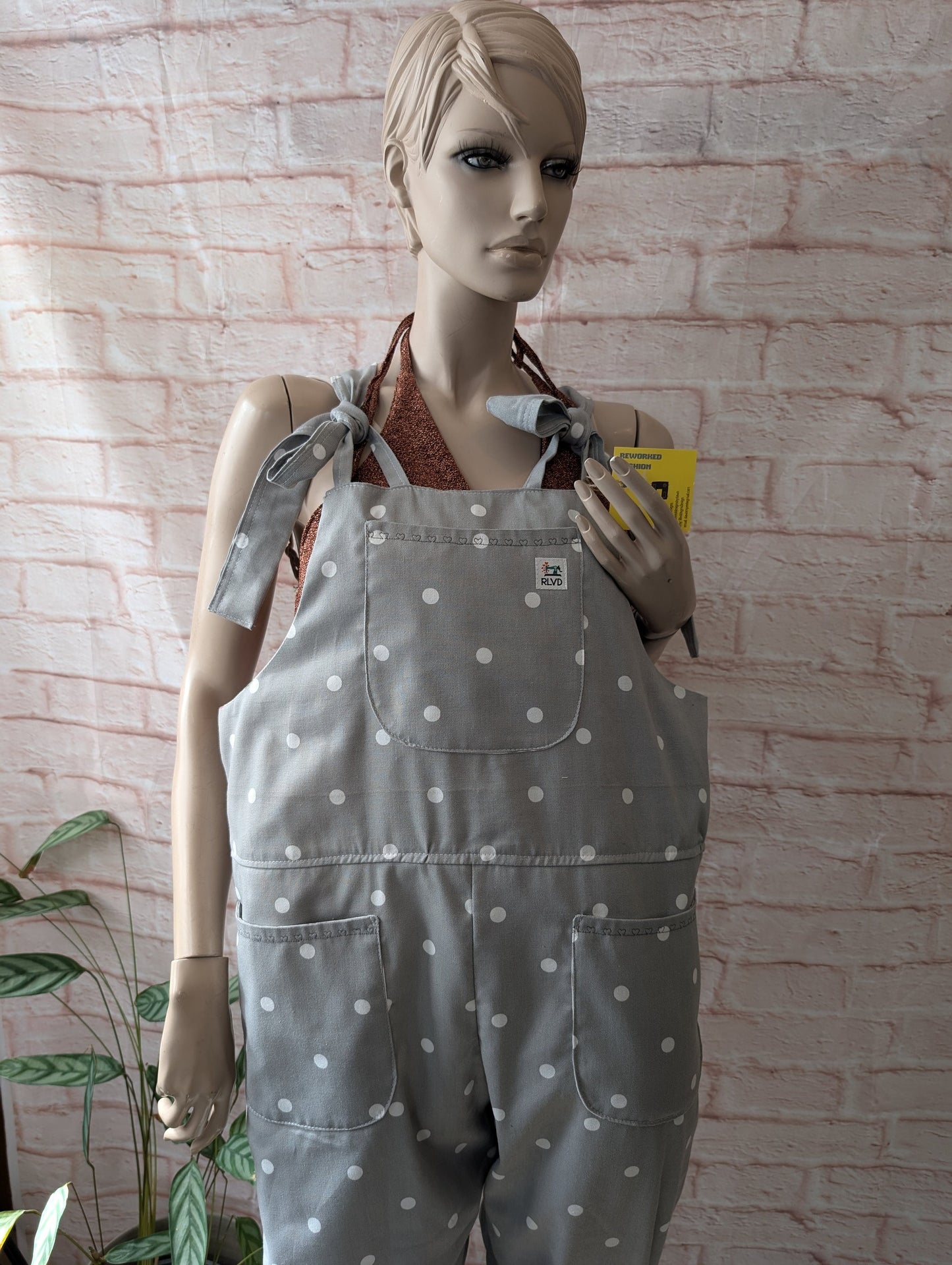 dungarees size 14 , grey and white spots, spotty dungarees, baggy dungarees, sustainable fashion dungarees, reworked clothing