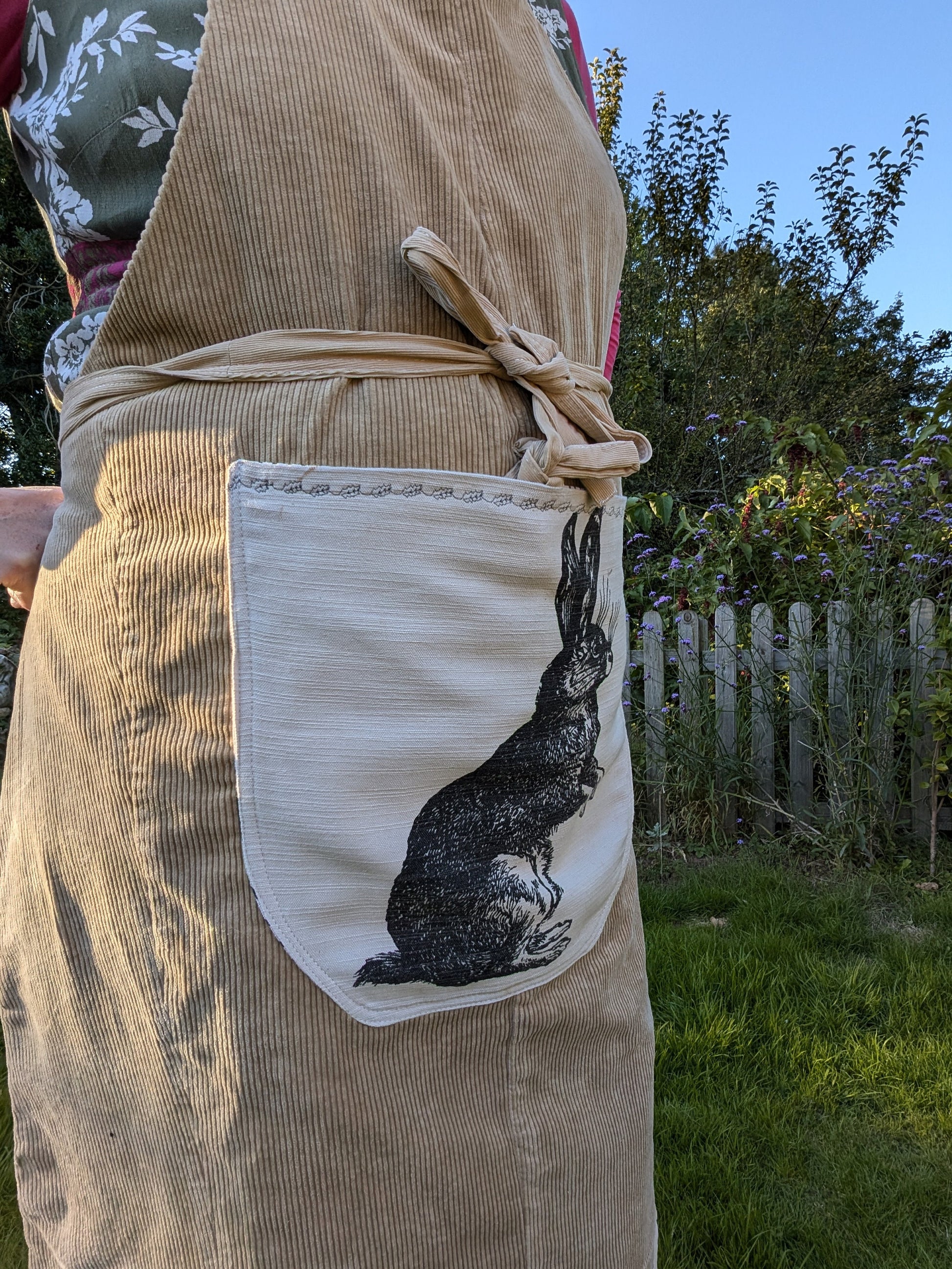 long apron, corduroy apron adult, hare themed piny, kitchen cover up, novelty apron, country kitchen, hare feature pocket apron