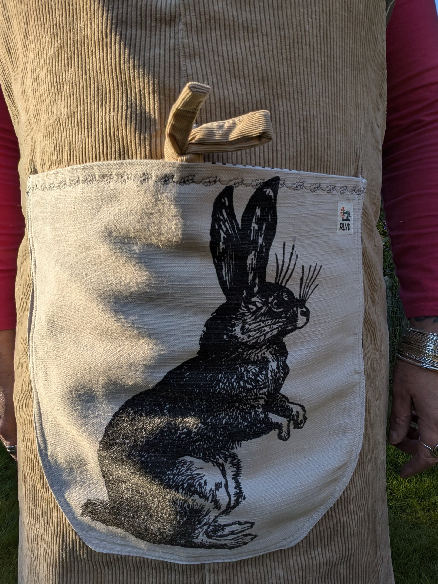 long apron, corduroy apron adult, hare themed piny, kitchen cover up, novelty apron, country kitchen, hare feature pocket apron