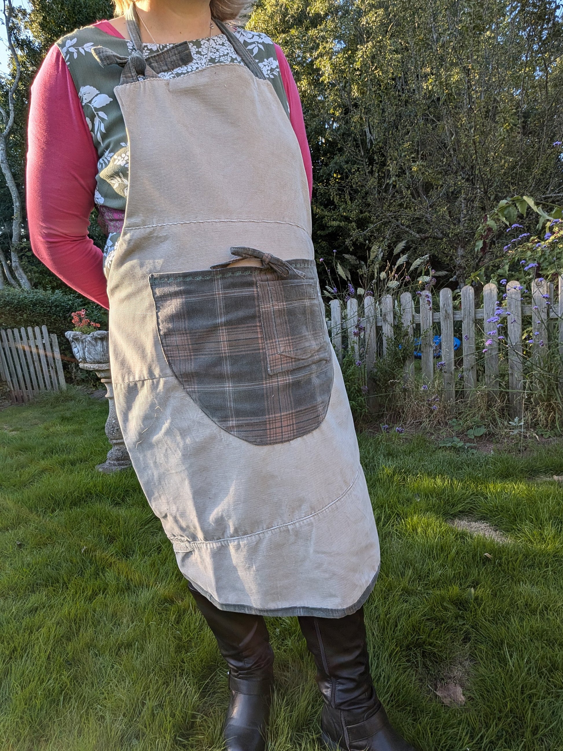 long apron, corduroy apron adult, checked piny, kitchen cover up, novelty apron, country kitchen, pocket feature pocket apron