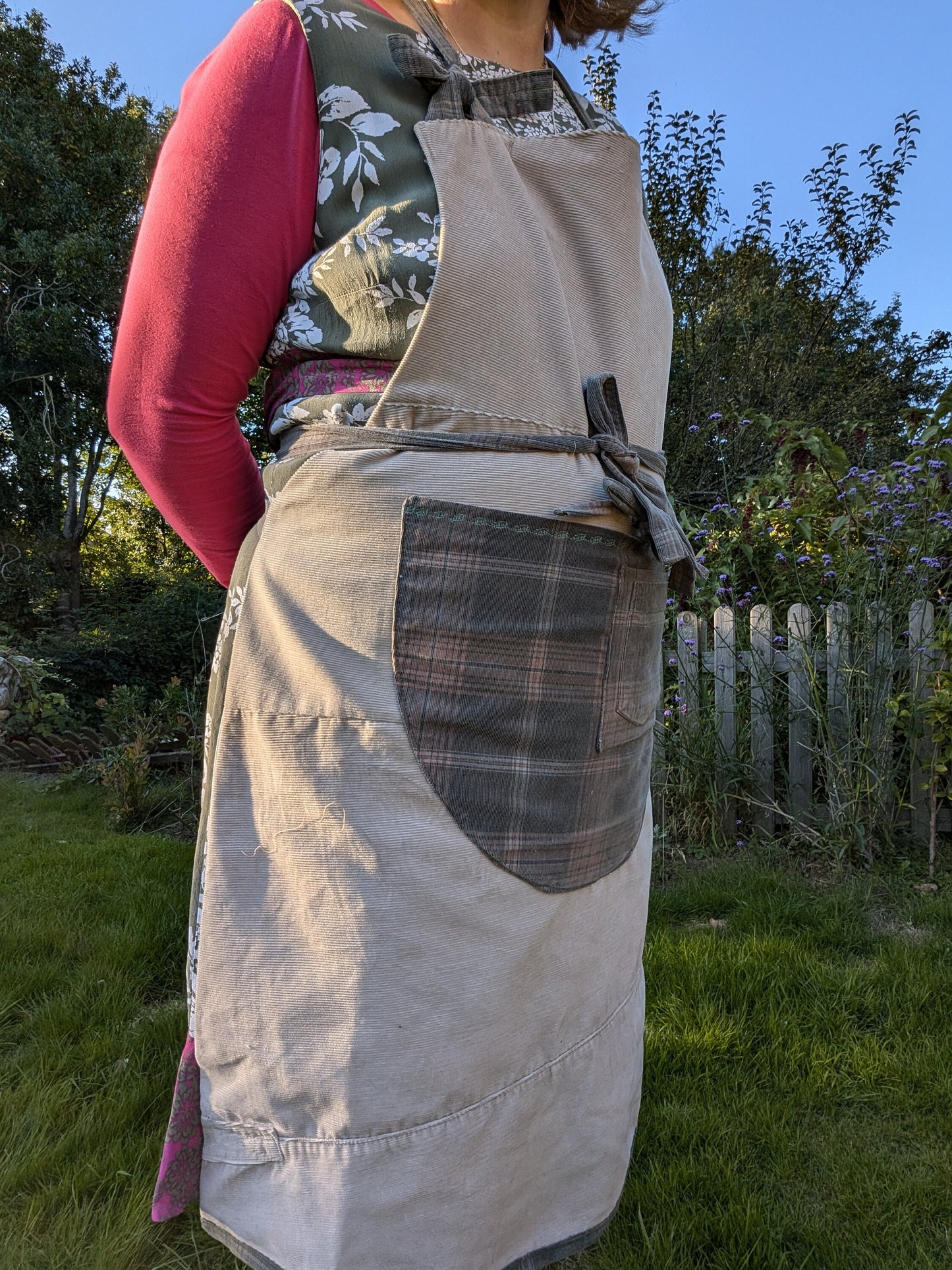 long apron, corduroy apron adult, checked piny, kitchen cover up, novelty apron, country kitchen, pocket feature pocket apron