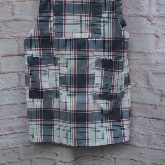 dress size 14, checked dress, pinafore dress, dungarees dress, tie top dress, apron dress, mini dress, pockets dress, blue dress, ladies