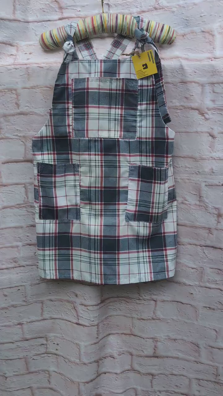 dress size 14, checked dress, pinafore dress, dungarees dress, tie top dress, apron dress, mini dress, pockets dress, blue dress, ladies